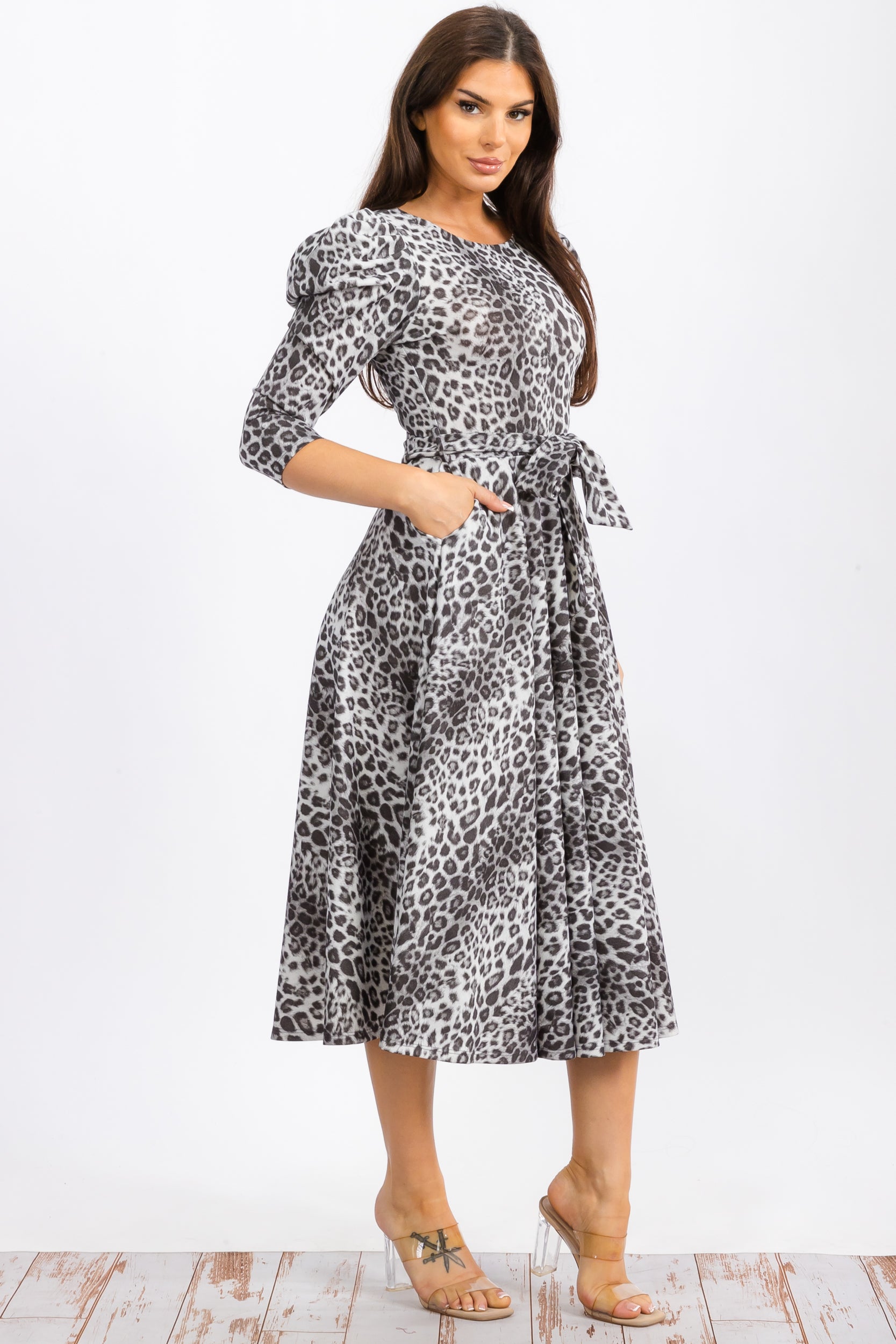 HH698RC-P Leopard Print Midi Dress With Bowtie