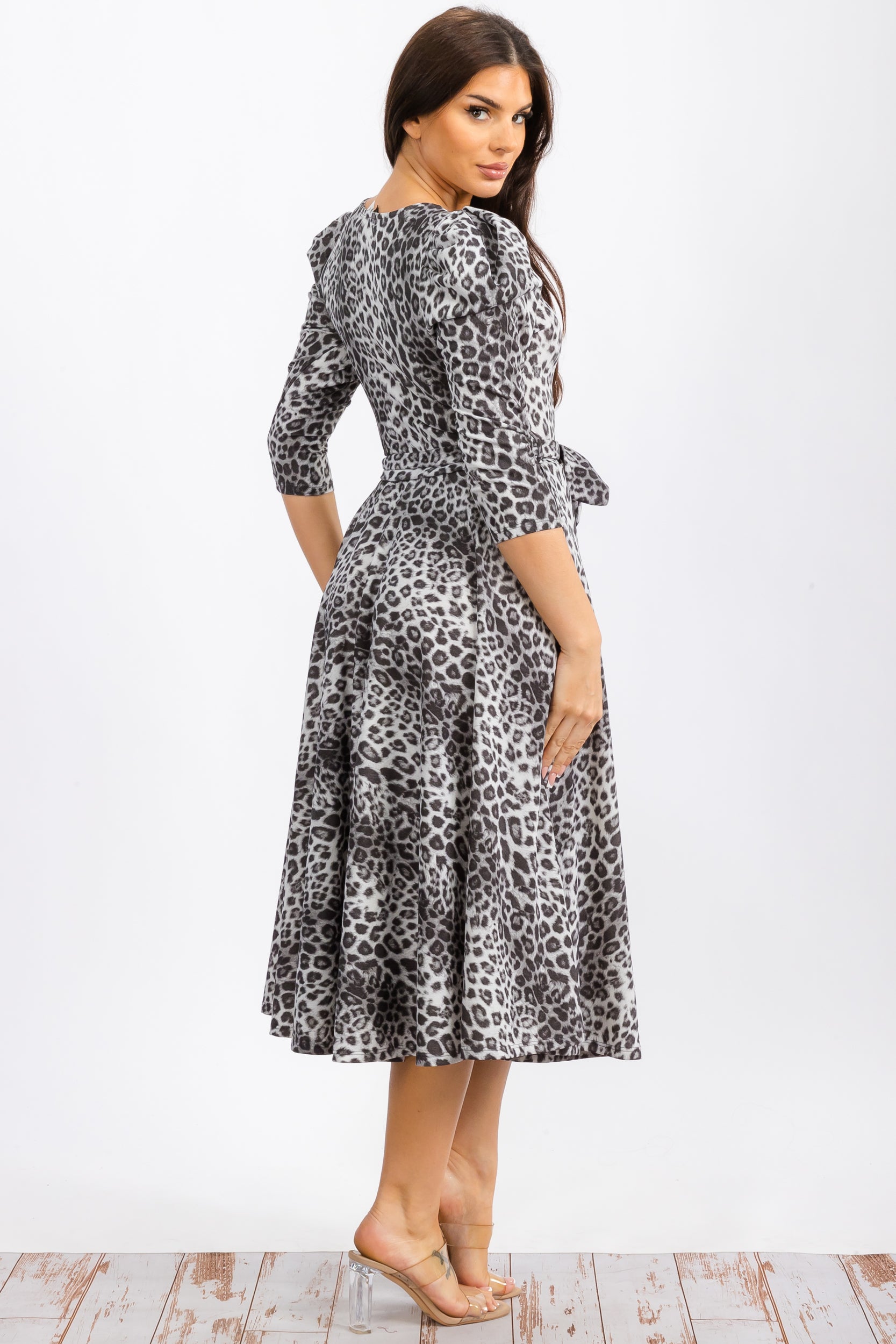 HH698RC-P Leopard Print Midi Dress With Bowtie