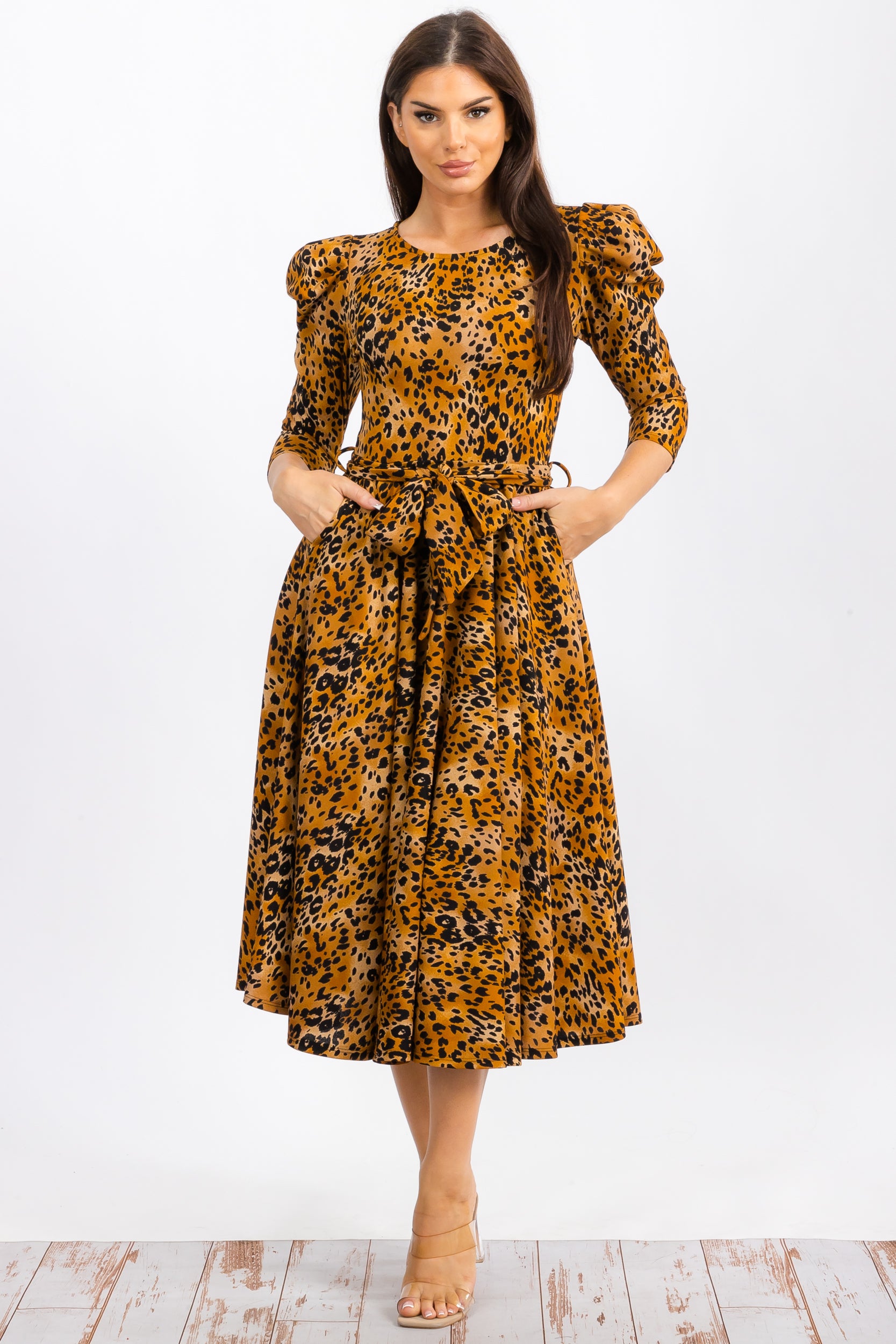 HH698RC-P Leopard Print Midi Dress With Bowtie