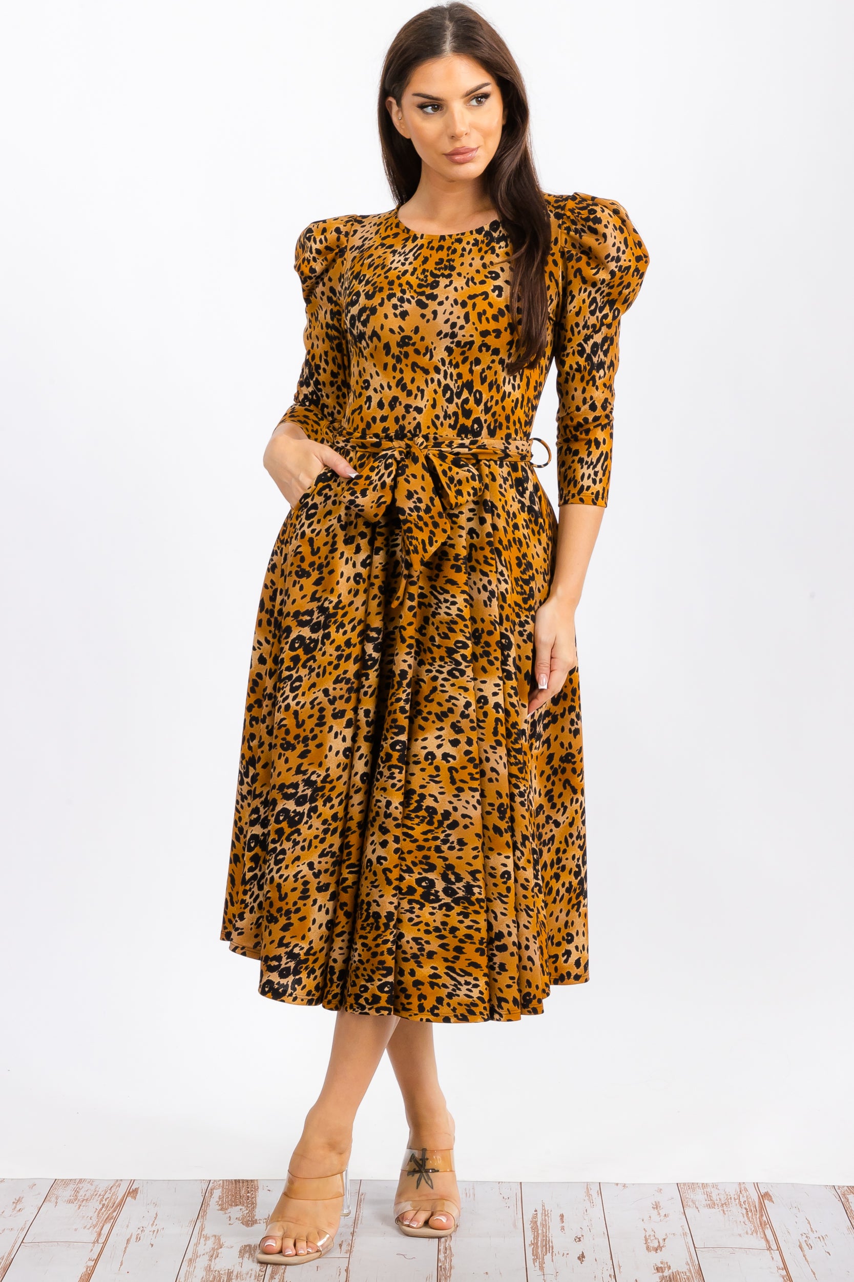 HH698RC-P Leopard Print Midi Dress With Bowtie