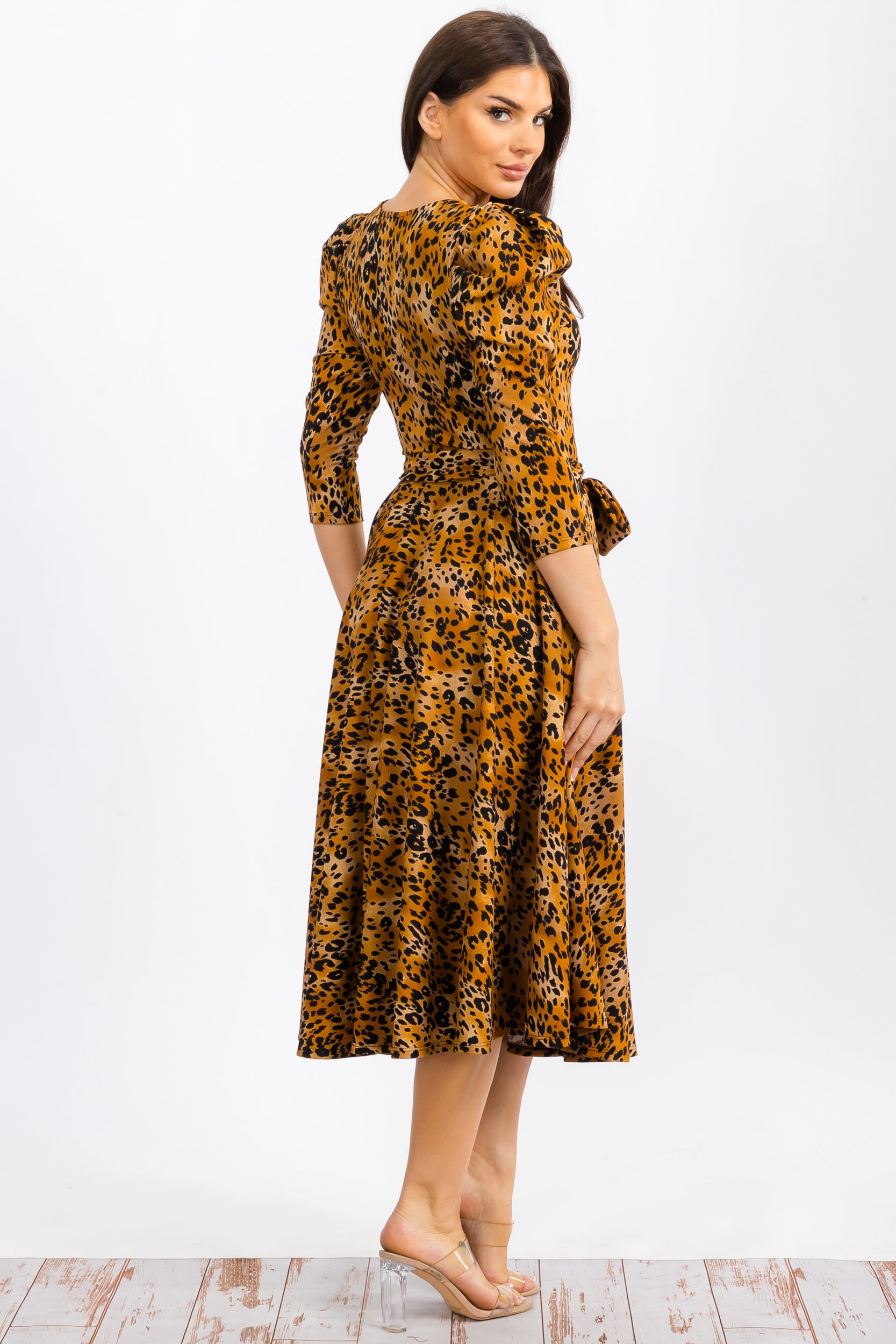 HH698RC-P Leopard Print Midi Dress With Bowtie