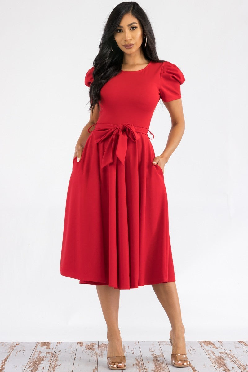 HH698CR-S Quarter Sleeve Midi Dress with Bow Tie