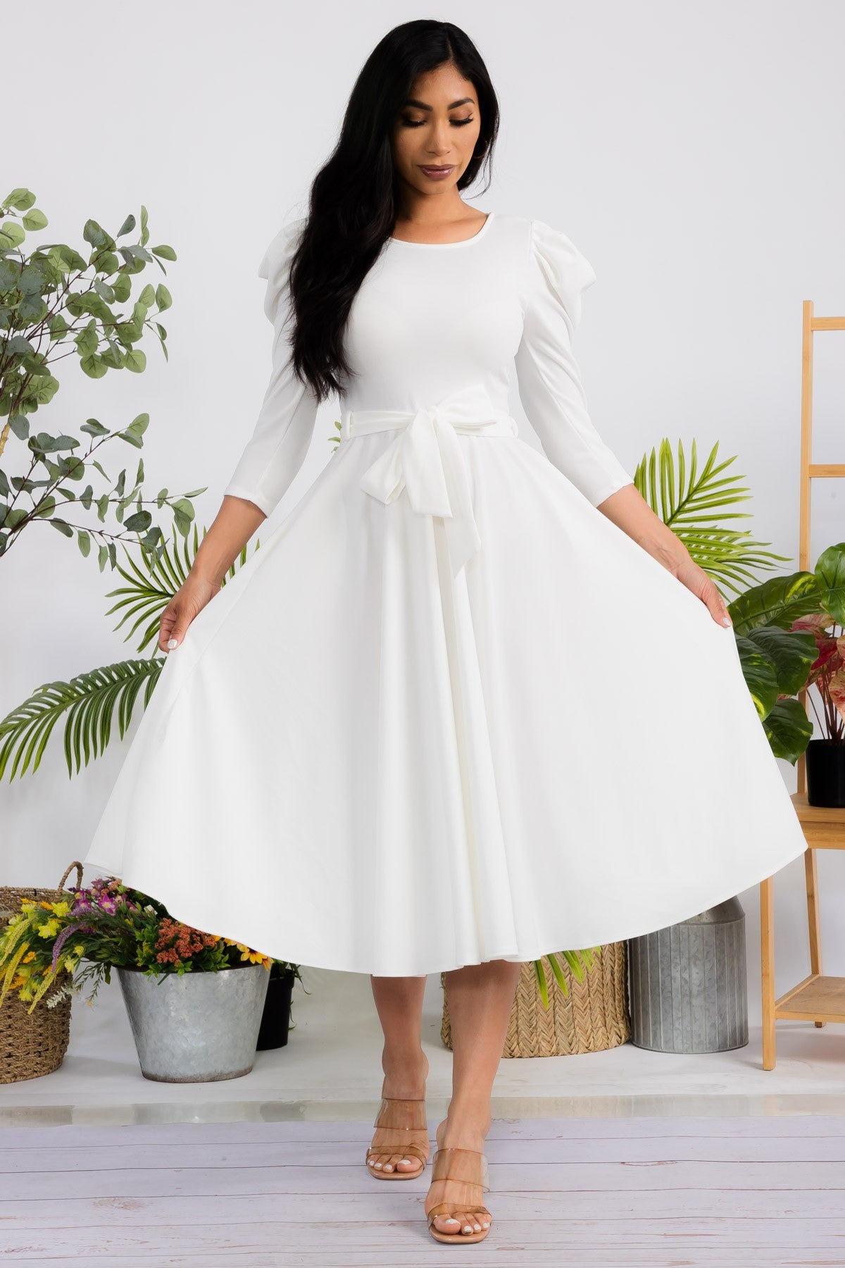 HH698CR-S Quarter Sleeve Midi Dress with Bow Tie