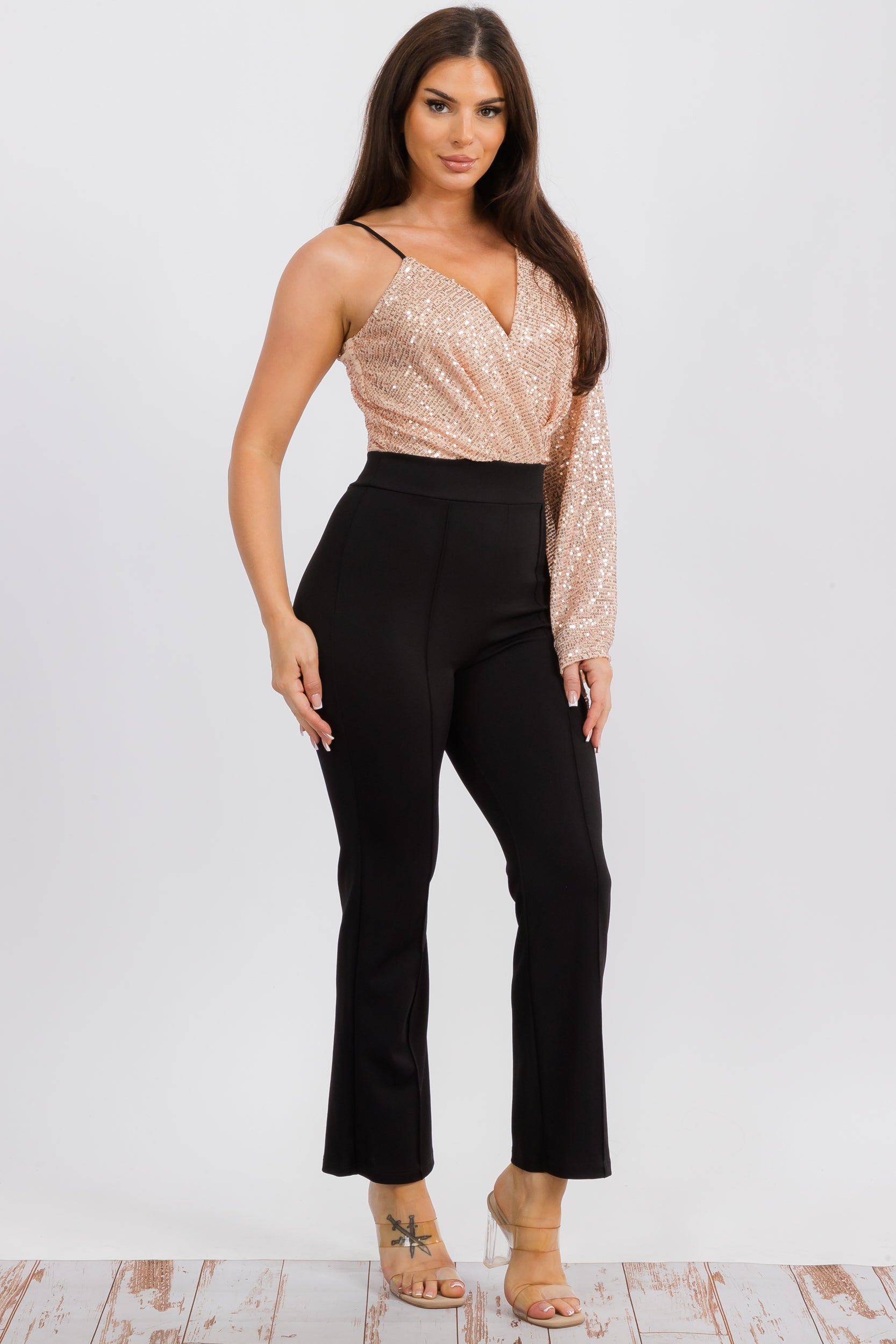 HH742R-S Jumpsuit with a Sequin, V-neck Wrap-style Bodice