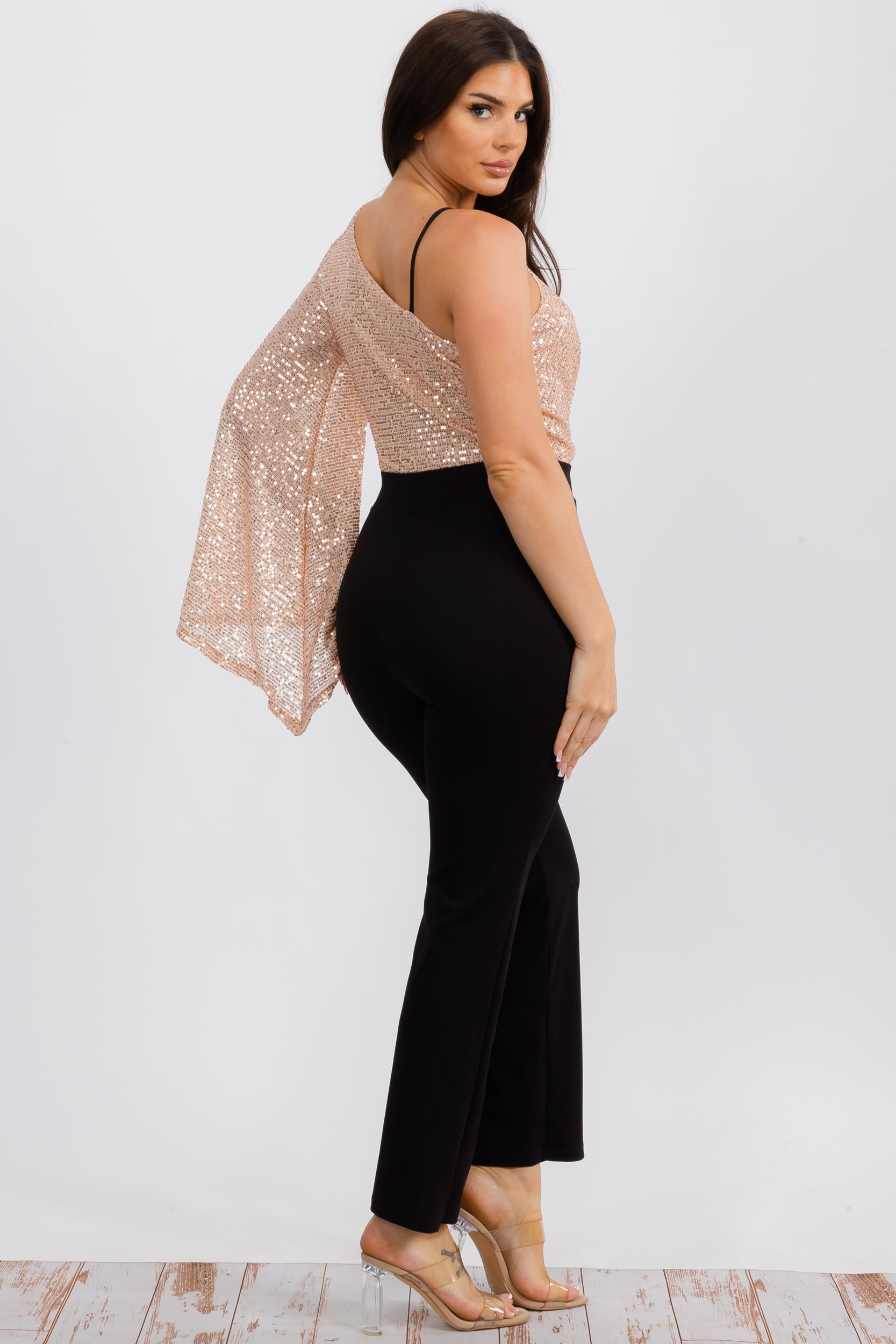 HH742R-S Jumpsuit with a Sequin, V-neck Wrap-style Bodice