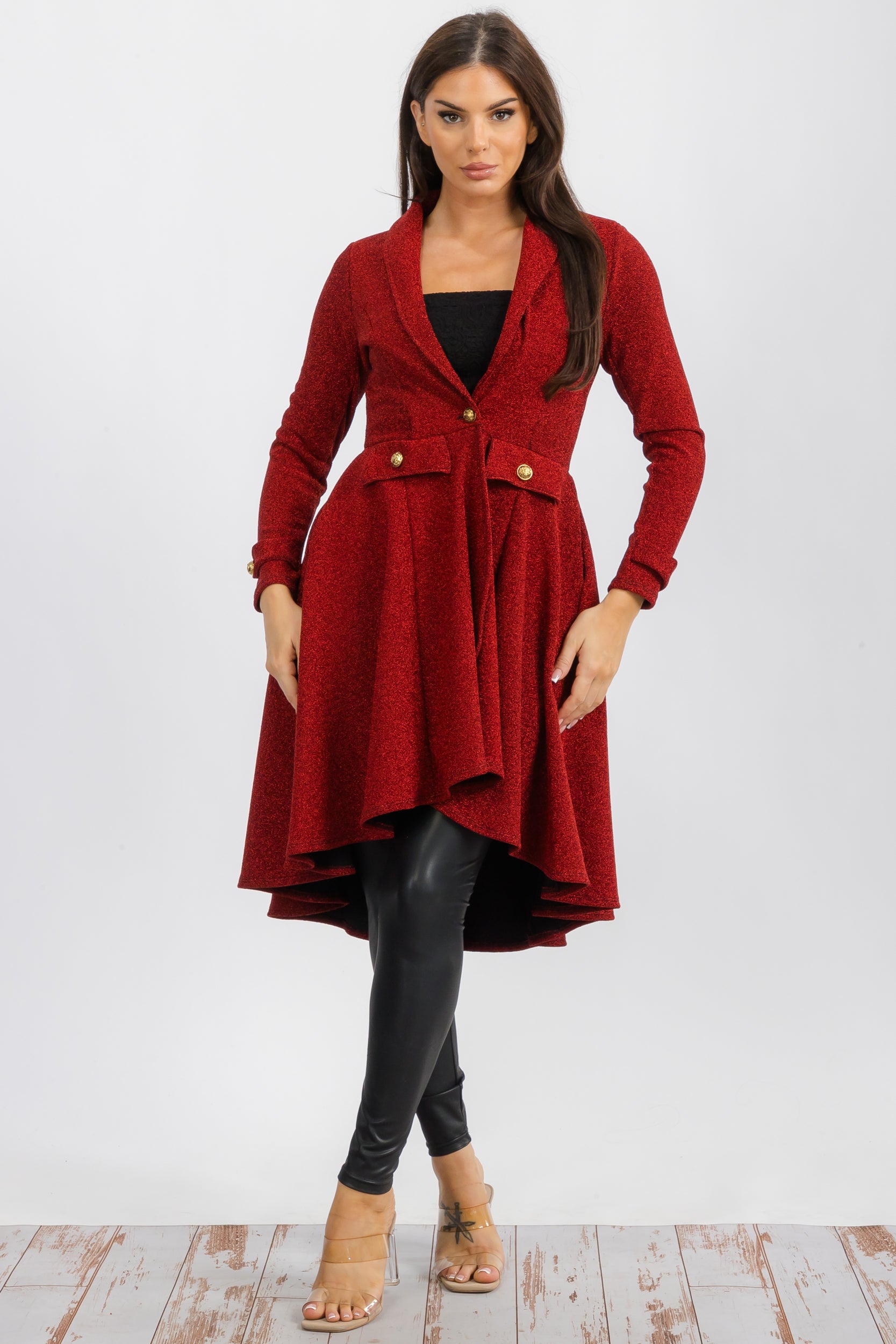 HH744X-MET Elegant Asymmetrical Glitter Jacket with Metallic Button Accents Plus Size