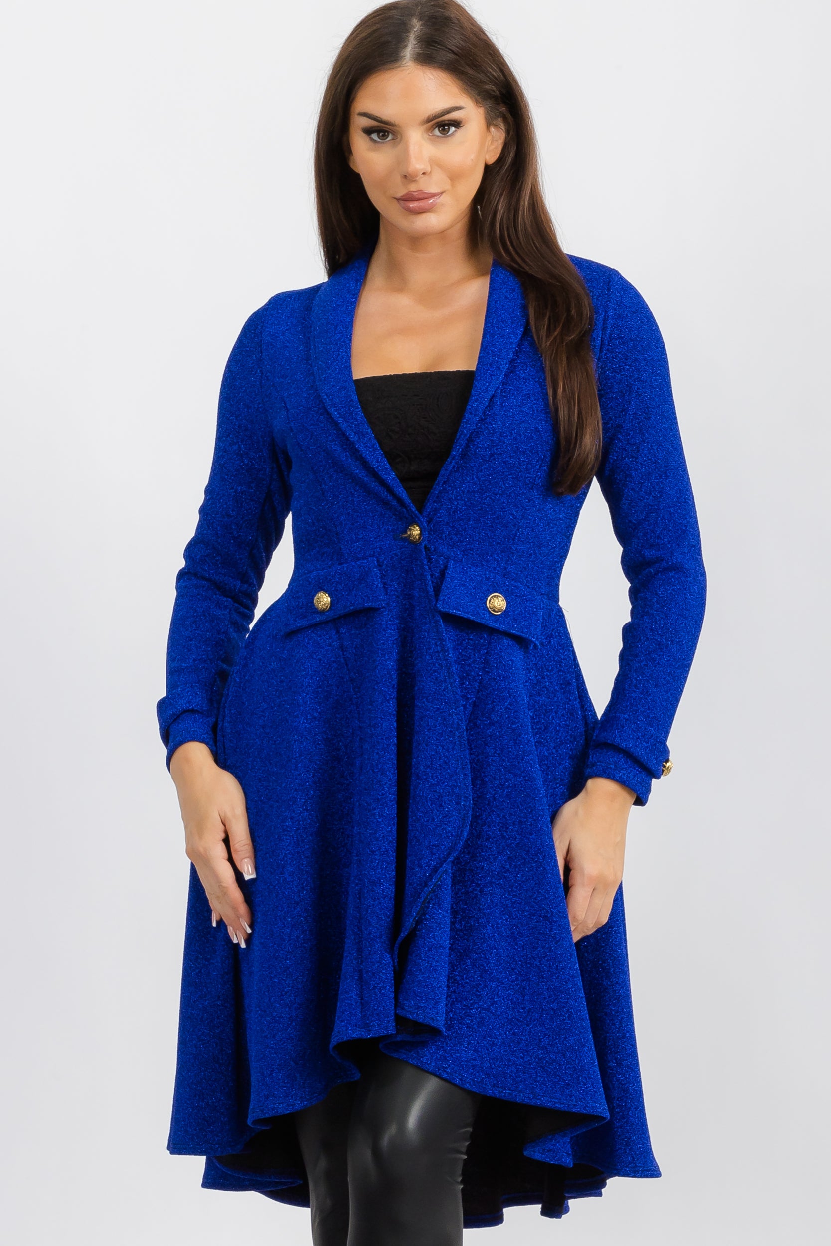 HH744X-MET Elegant Asymmetrical Glitter Jacket with Metallic Button Accents Plus Size