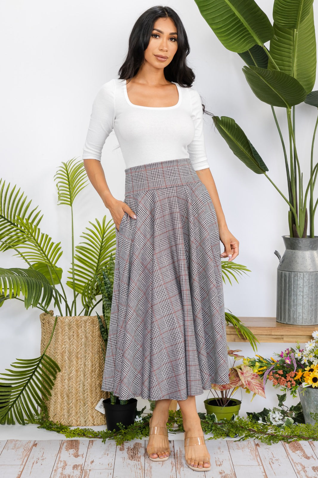 746P Maxi Plaid Skirt with Pockets