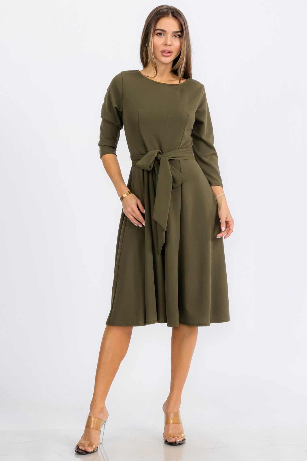 HH583R-S Midi Tie-Up Dress with Midi Sleeves