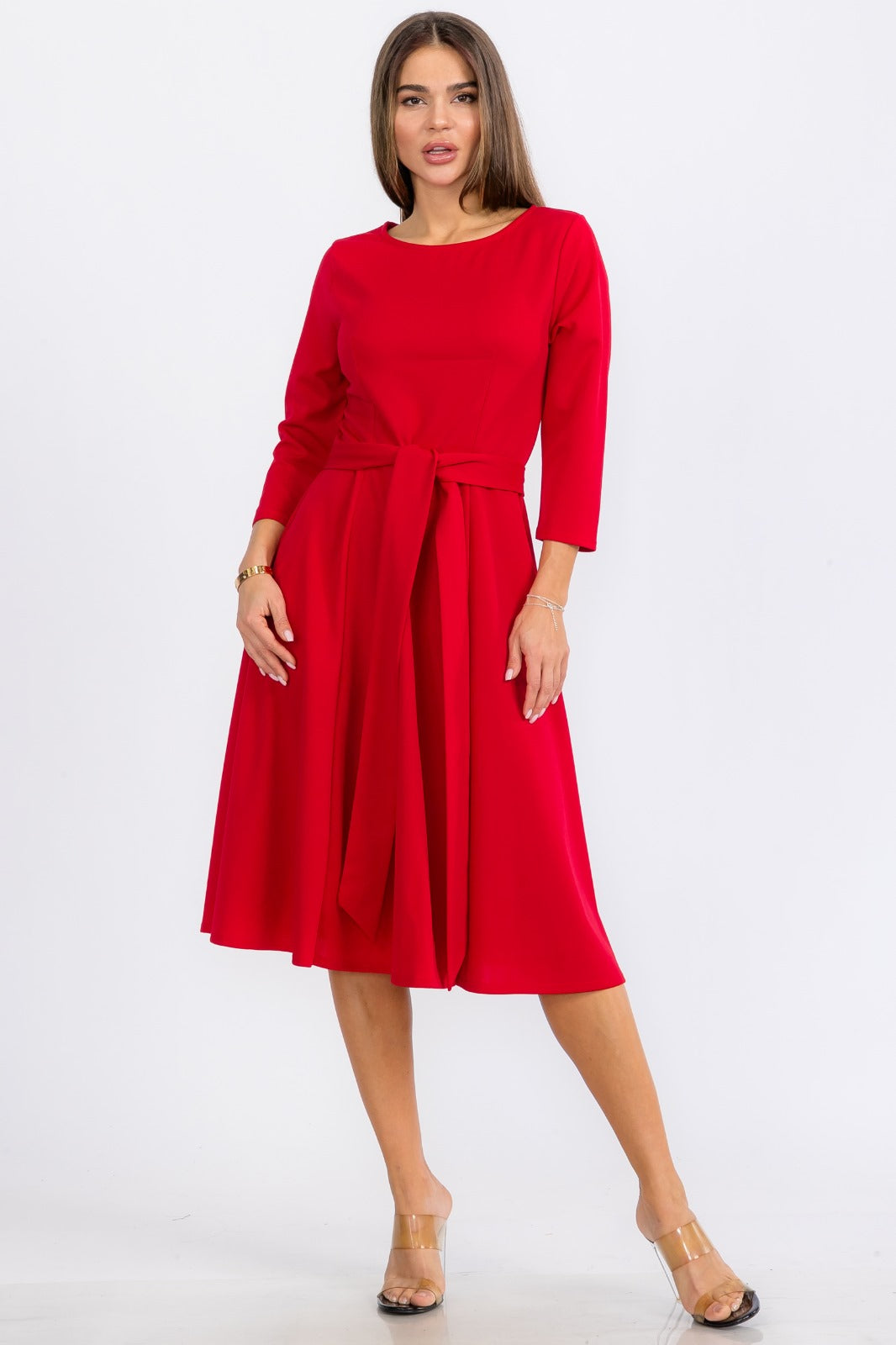 HH726C-S Midi Tie-Up Dress with Midi Sleeves