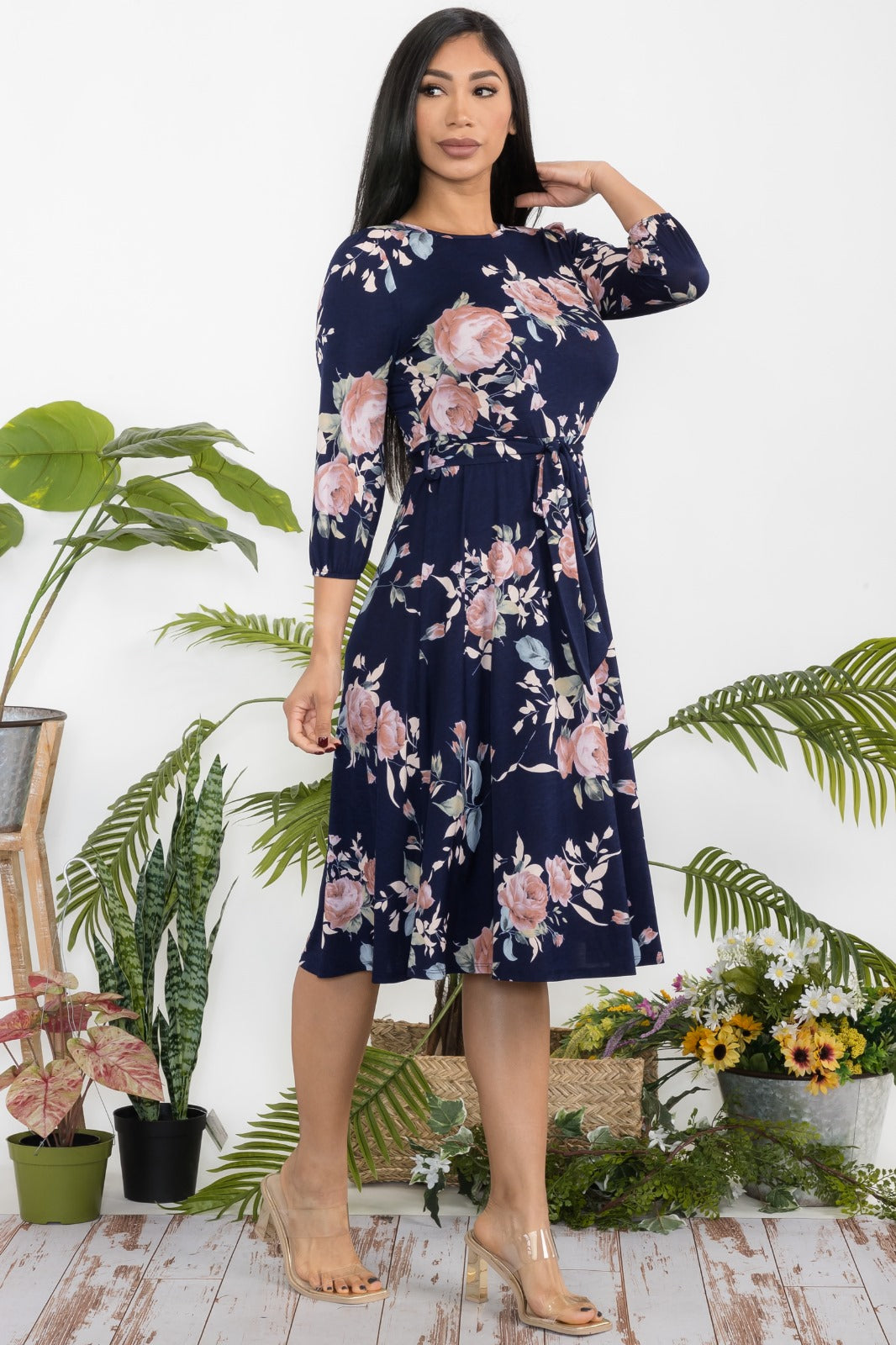 HH583R-P-FL Floral Midi Tie-Up Dress with Midi Sleeves