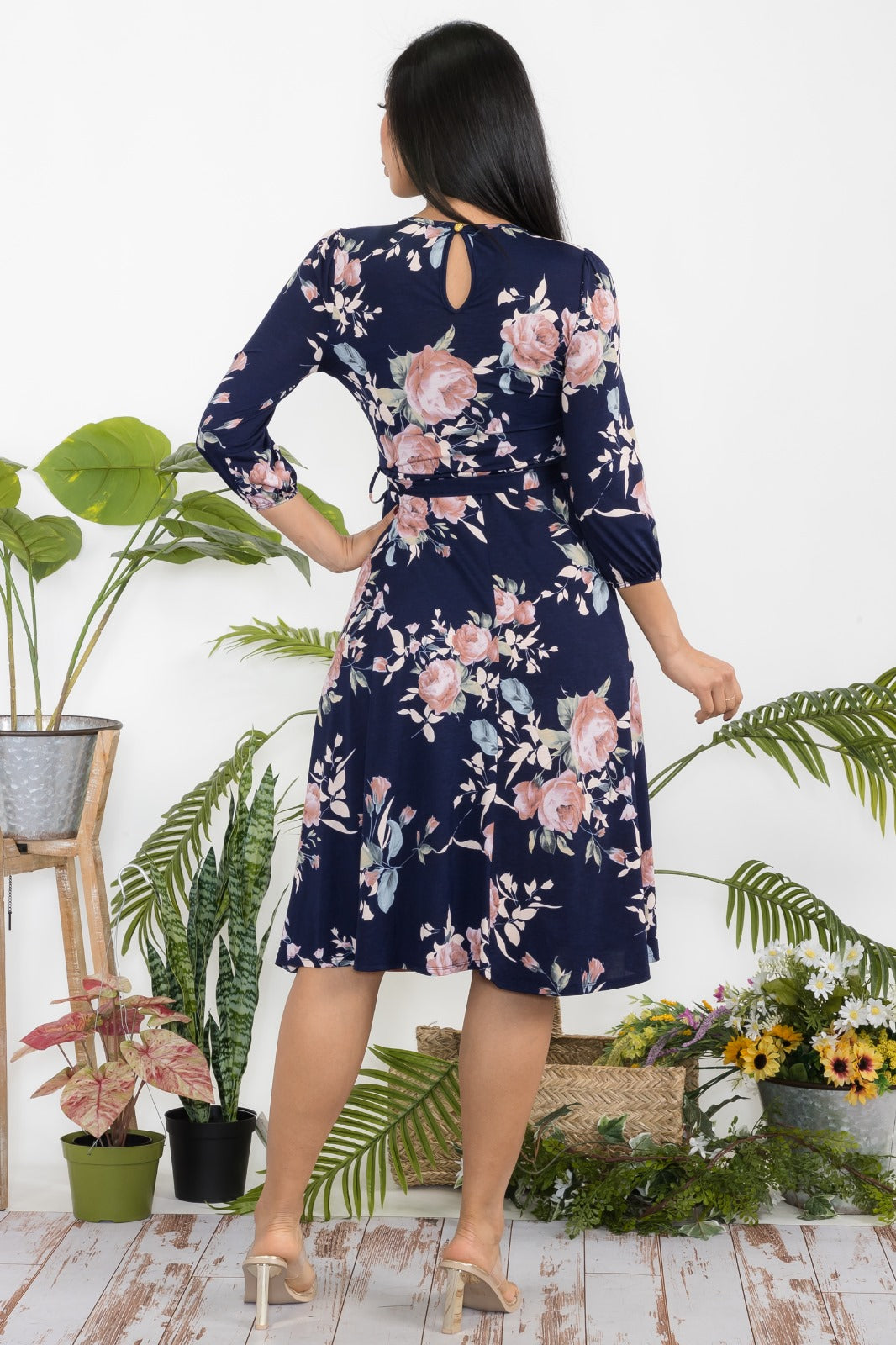 HH583R-P-FL Floral Midi Tie-Up Dress with Midi Sleeves