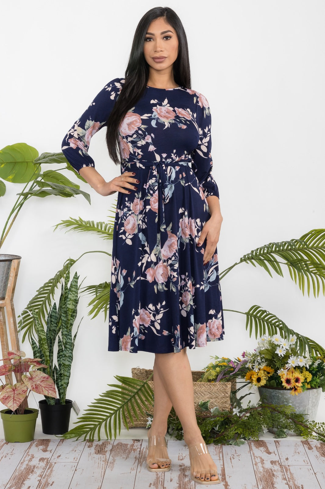 HH583R-P-FL Floral Midi Tie-Up Dress with Midi Sleeves