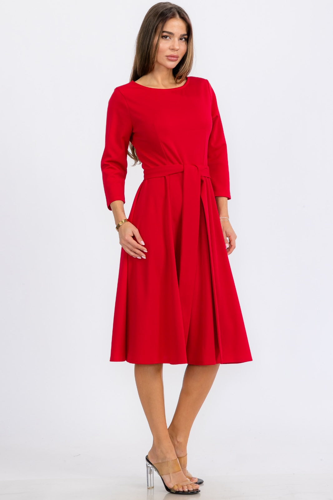 HH583R-S Midi Tie-Up Dress with Midi Sleeves