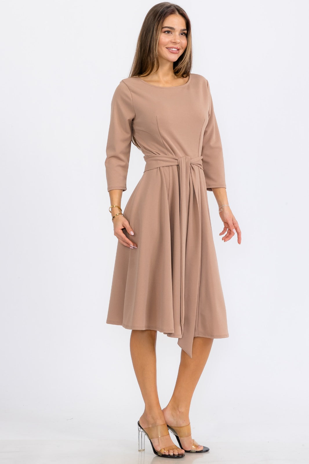 HH583R-S Midi Tie-Up Dress with Midi Sleeves