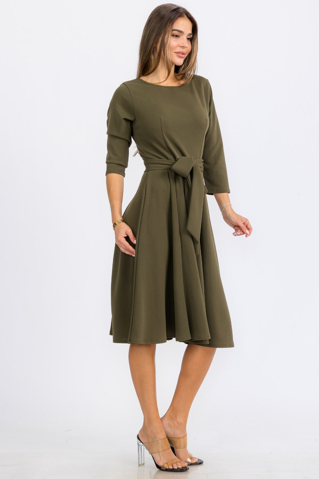 HH583R-S Midi Tie-Up Dress with Midi Sleeves