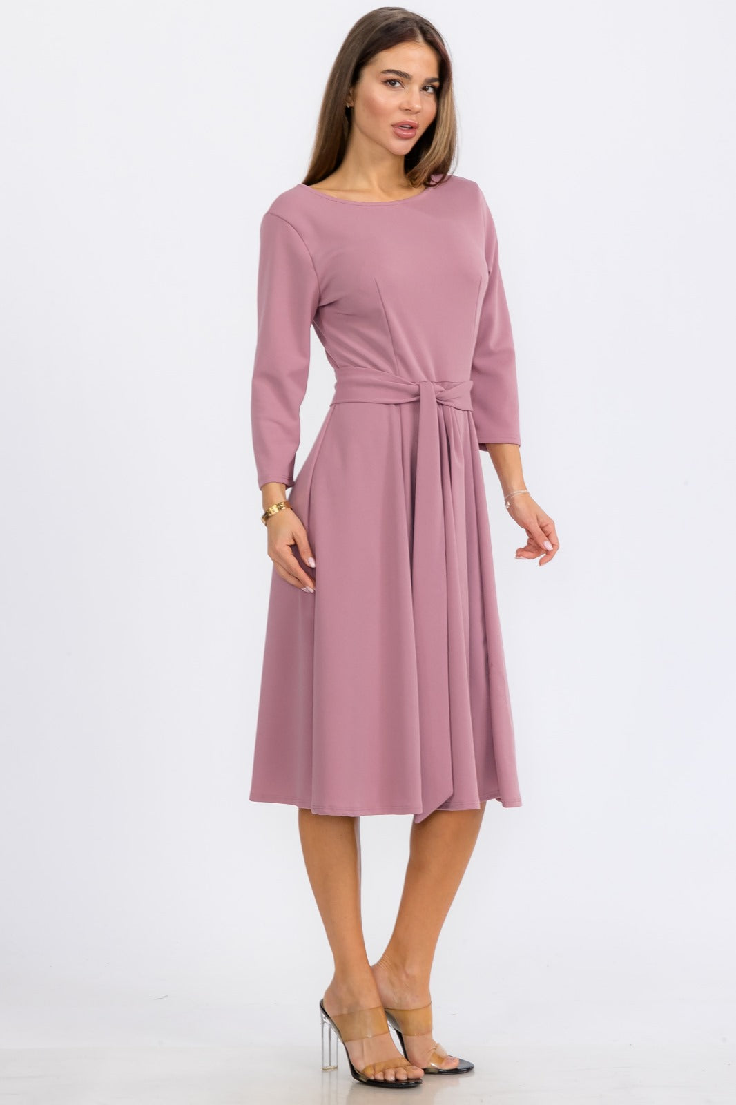 HH583R-S Midi Tie-Up Dress with Midi Sleeves