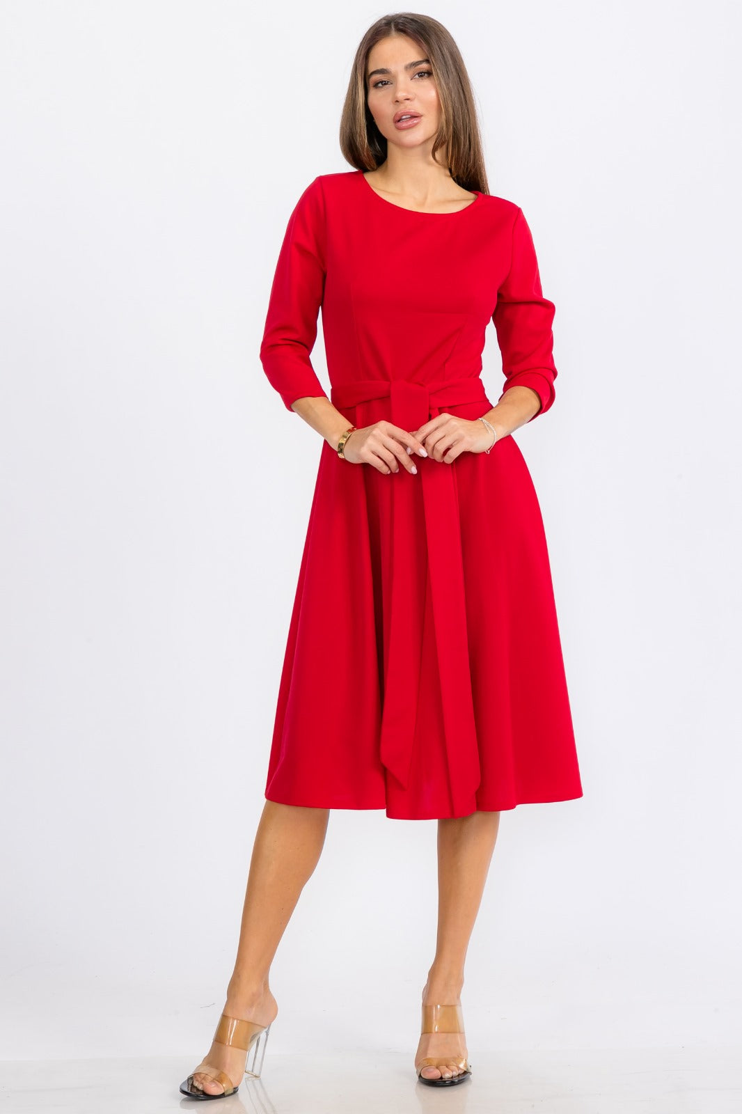 HH583R-S Midi Tie-Up Dress with Midi Sleeves