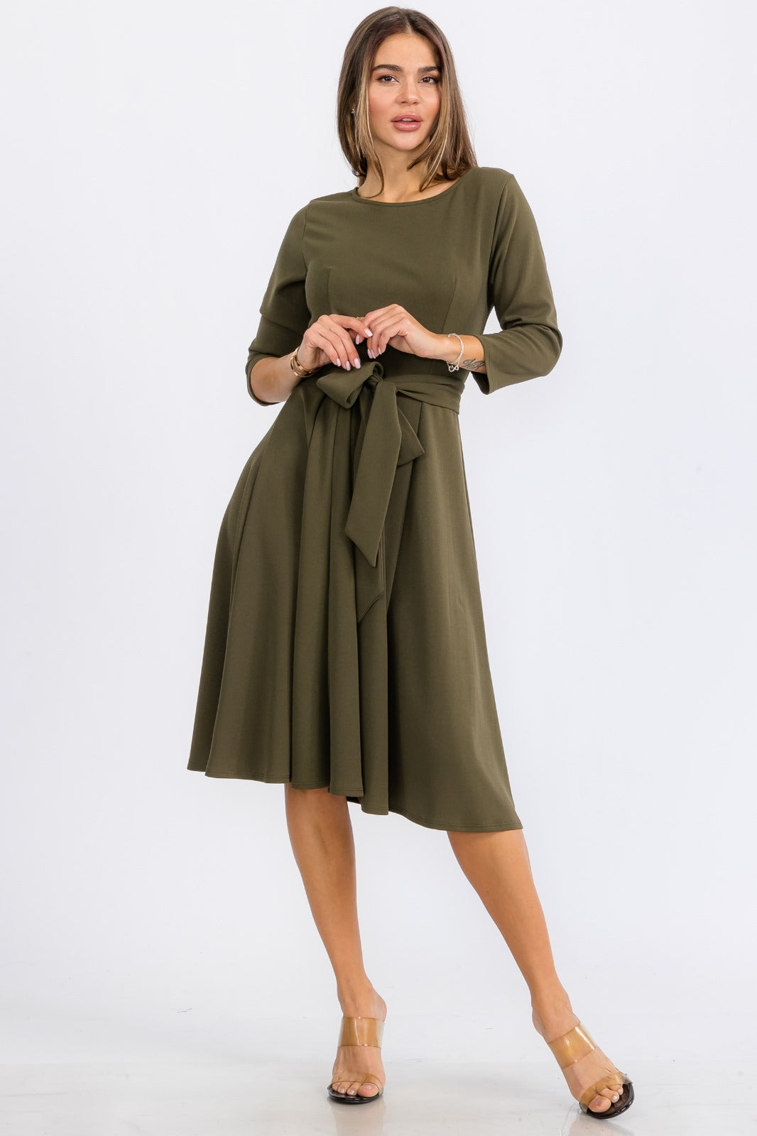 HH583R-S Midi Tie-Up Dress with Midi Sleeves