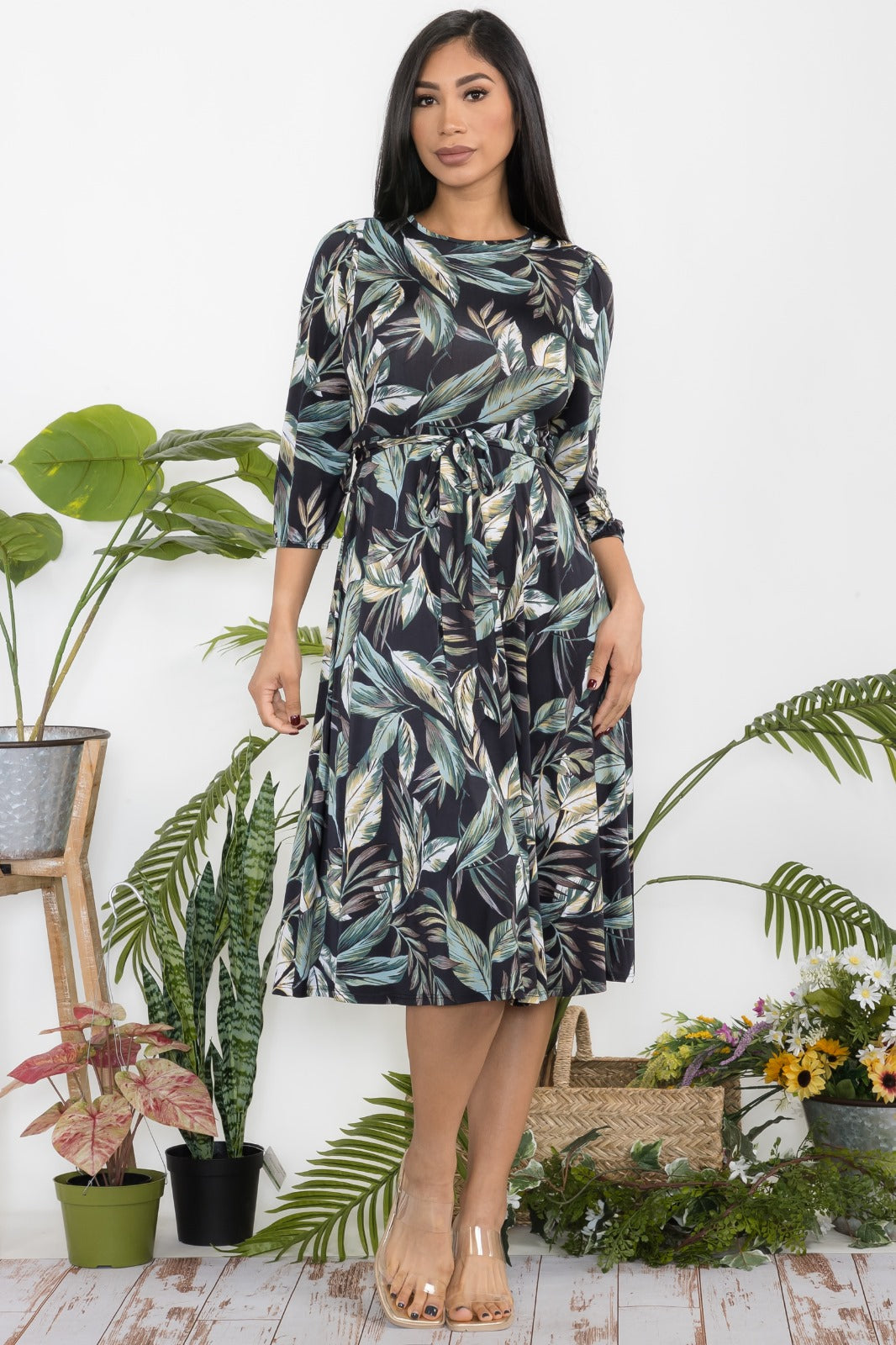 HH583R-P-FL Floral Midi Tie-Up Dress with Midi Sleeves