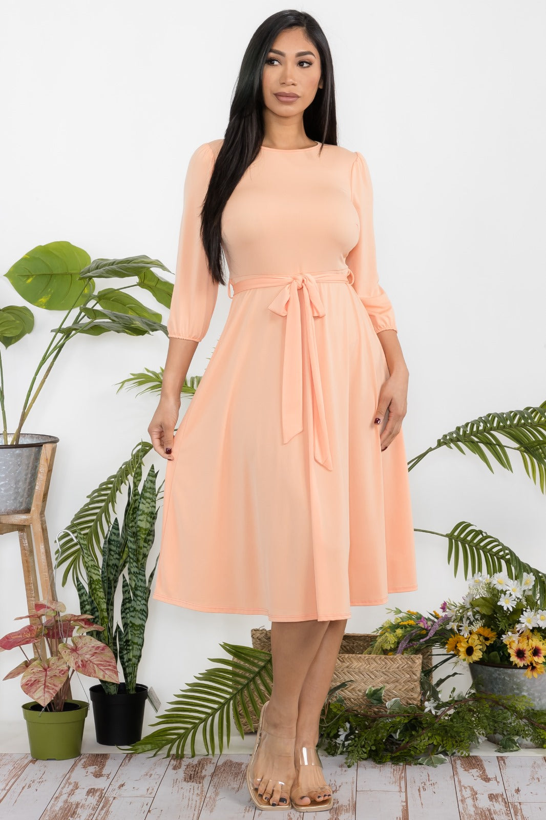 HH583X-S Plus Size Midi Tie-Up Dress with Midi Sleeves