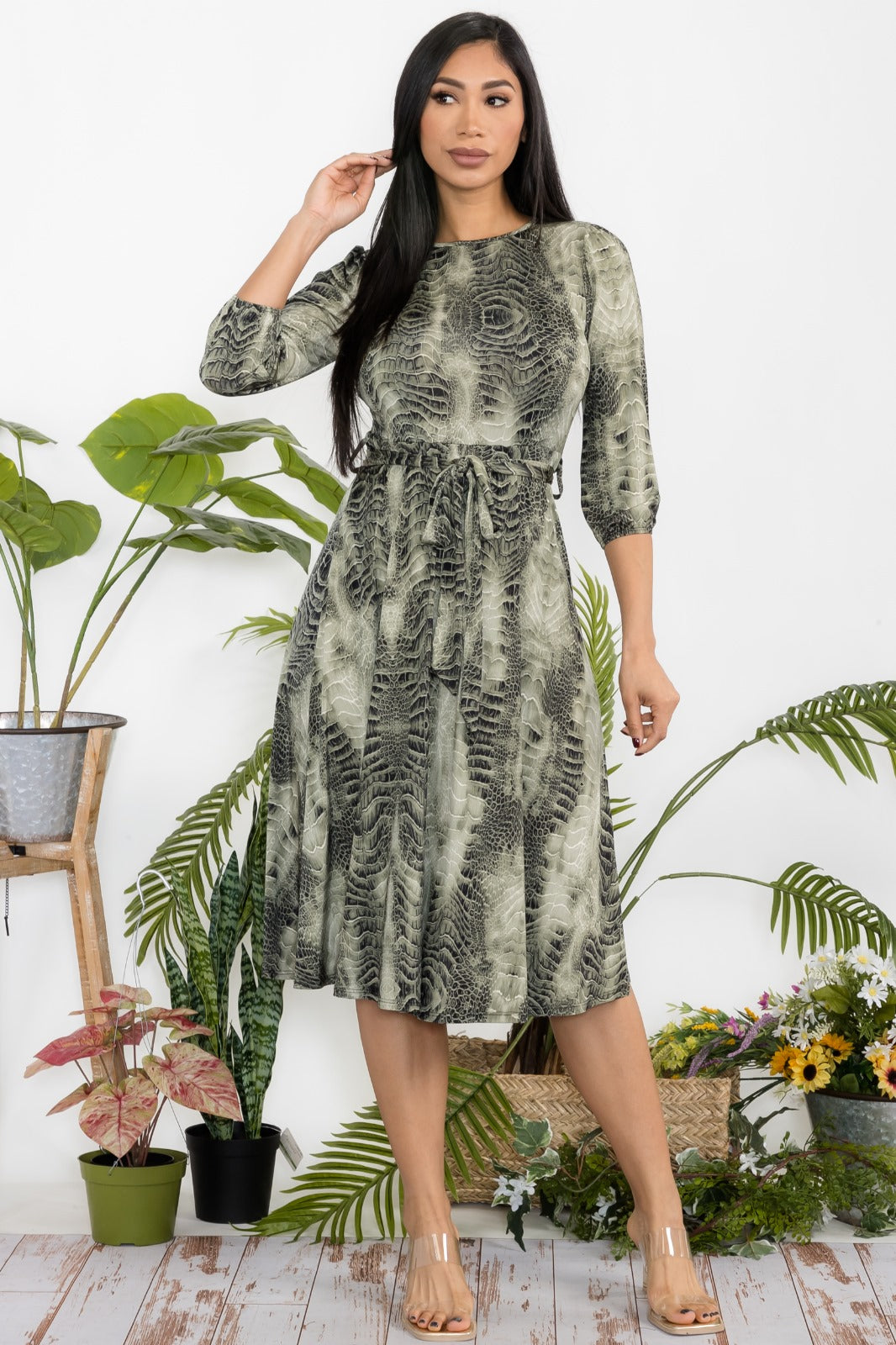 HH583R-P-AN Animal Print Midi Tie-Up Dress with Midi Sleeves