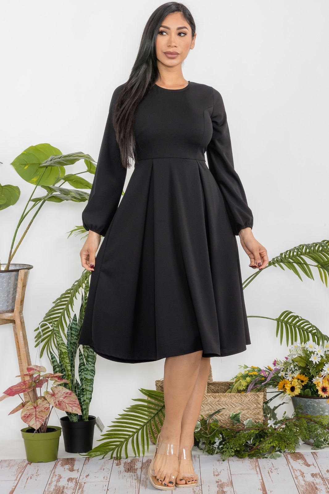 HH772X-S Plus Size Midi Babydoll 3/4 Sleeve Dress