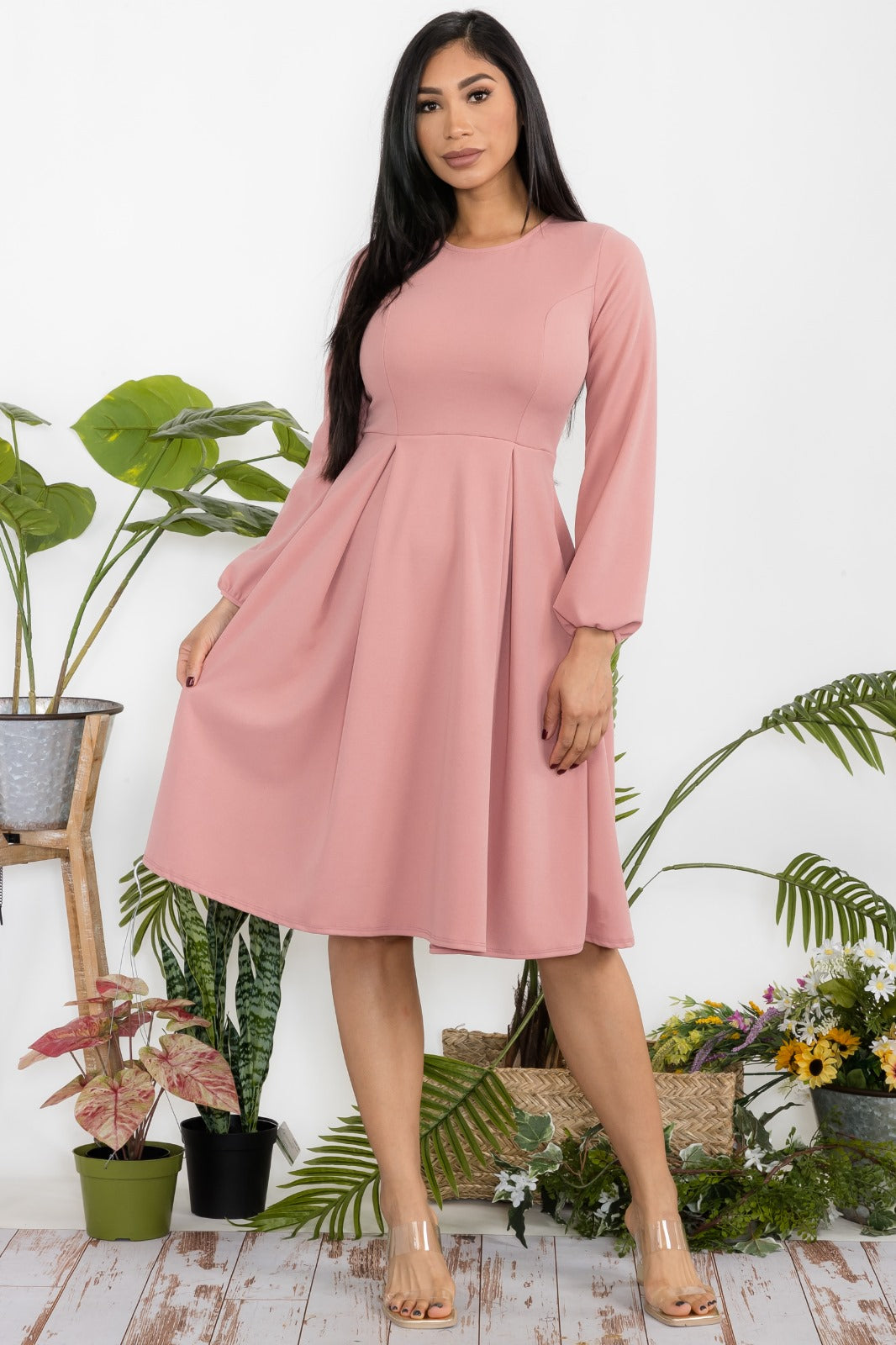 HH772X-S Plus Size Midi Babydoll 3/4 Sleeve Dress