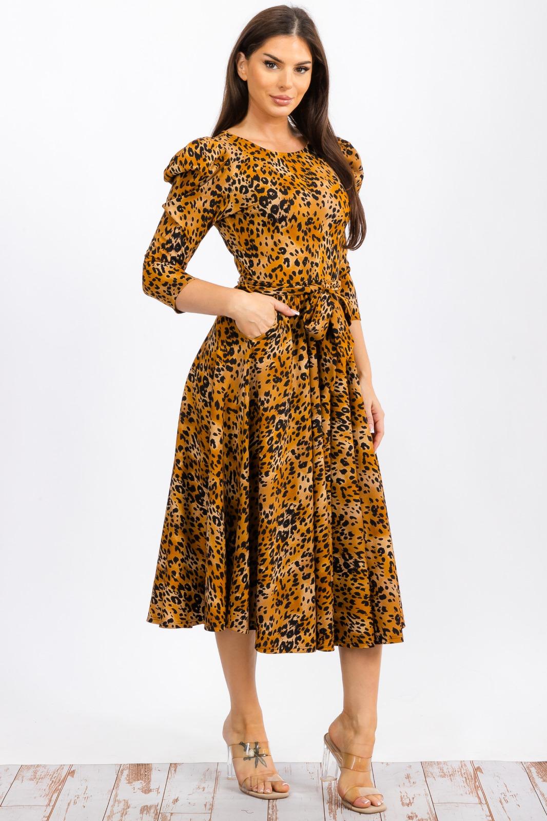 HH698R-LS-CHEETAH - PUFF 3/4 SLEEVE MIDI COCKTAIL DRESS