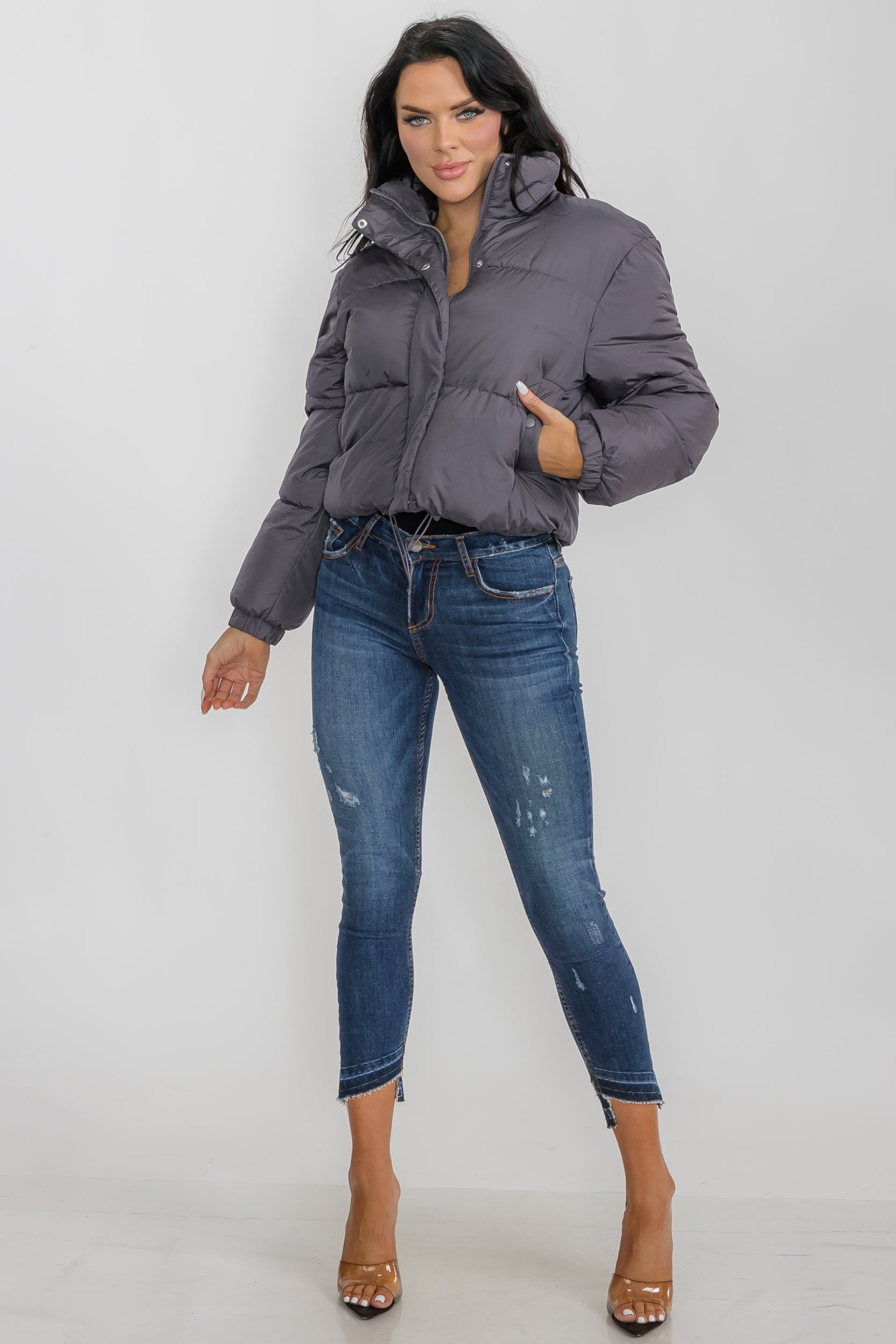 6857 - Crop Puffer Jacket - Zipper and Drawstring with Pockets