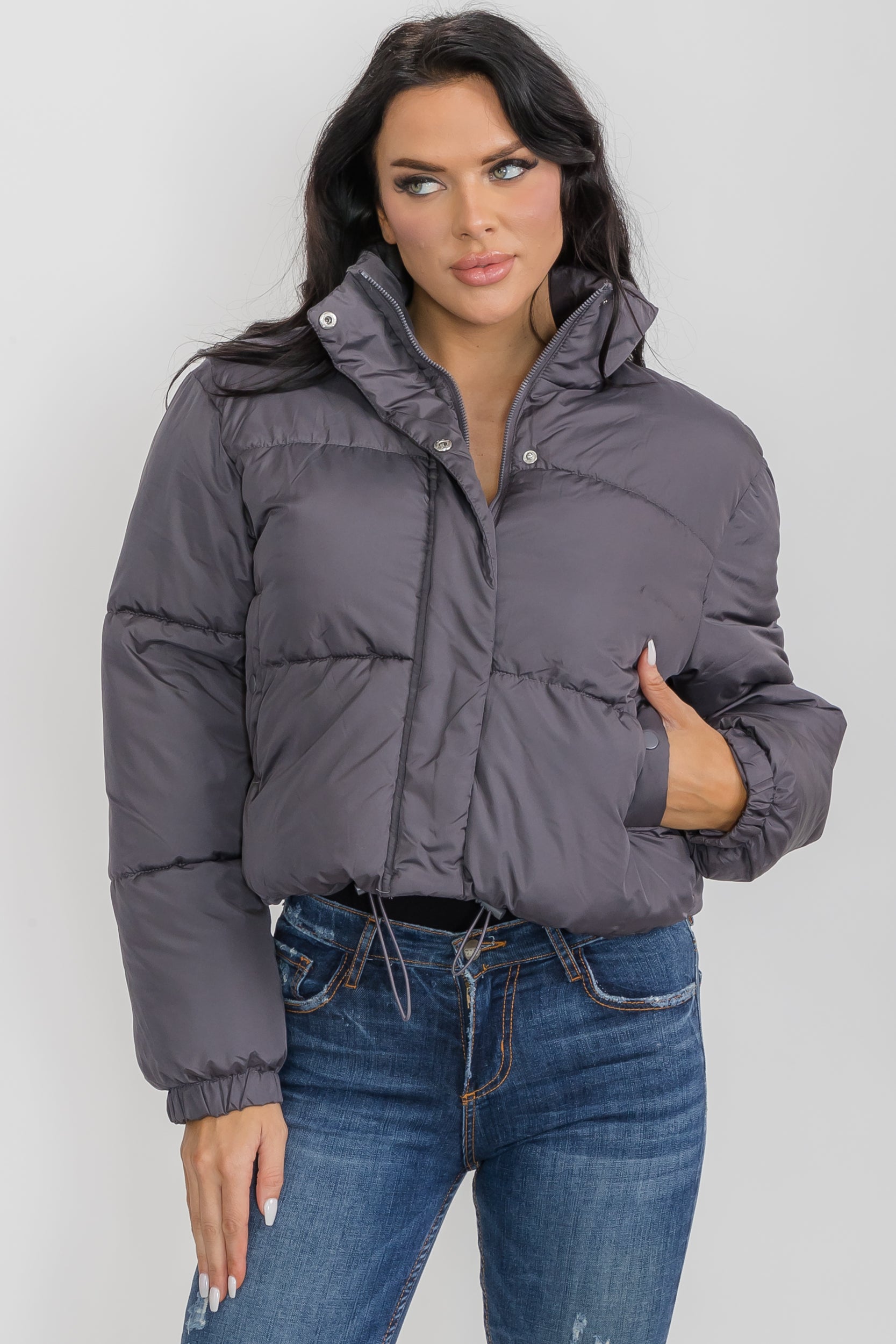 6857 - Crop Puffer Jacket - Zipper and Drawstring with Pockets