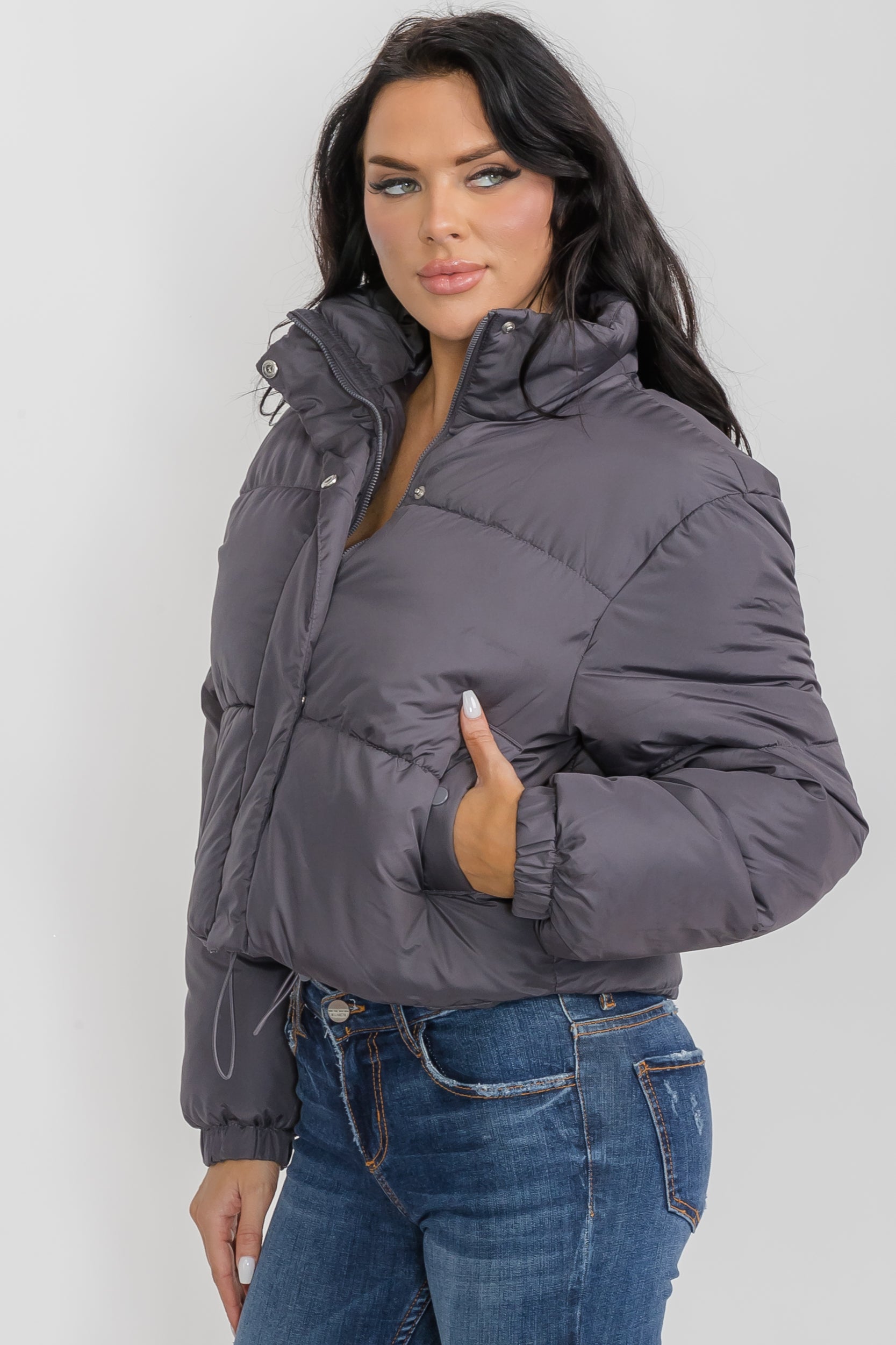 6857 - Crop Puffer Jacket - Zipper and Drawstring with Pockets