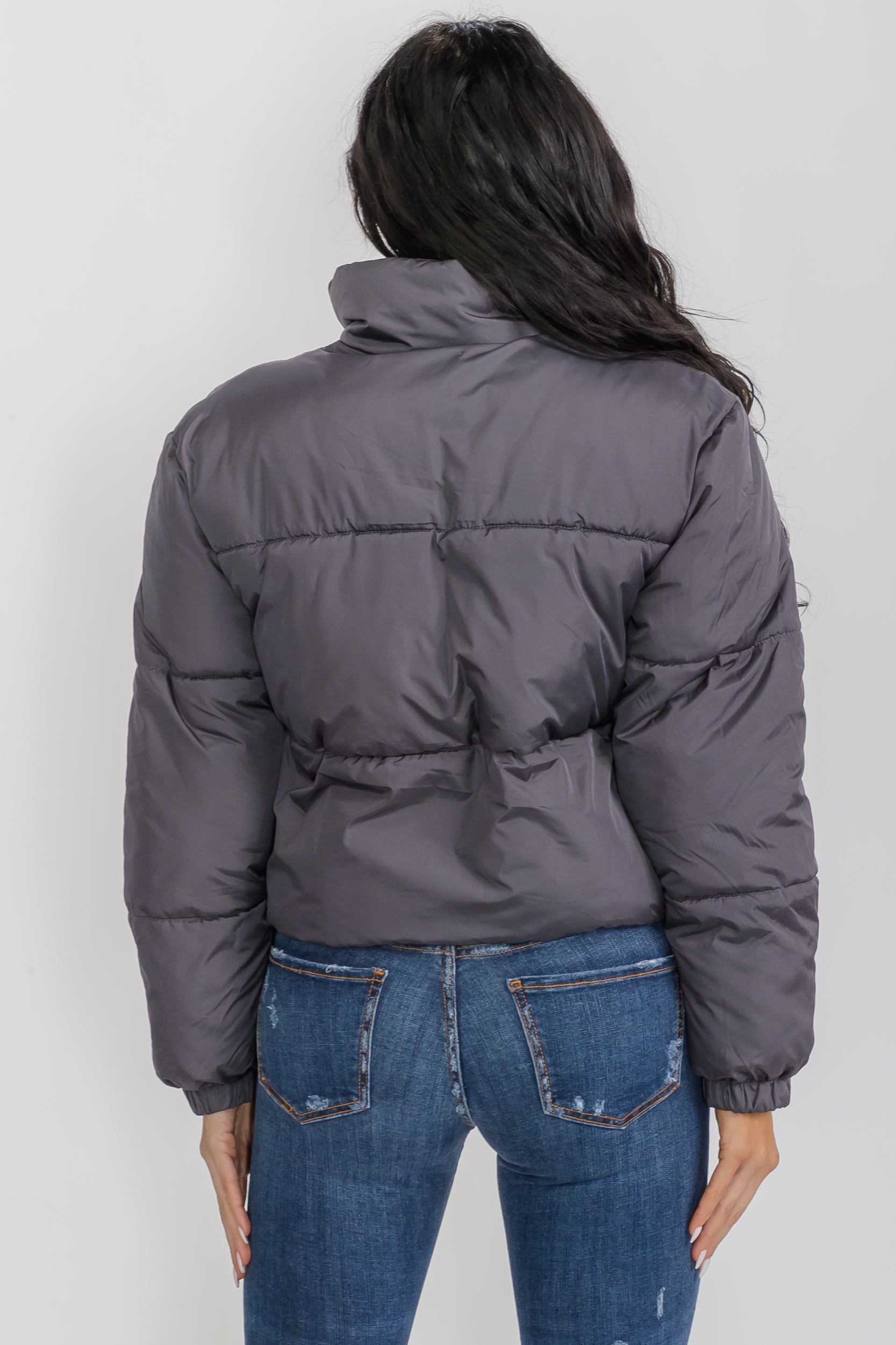 6857 - Crop Puffer Jacket - Zipper and Drawstring with Pockets