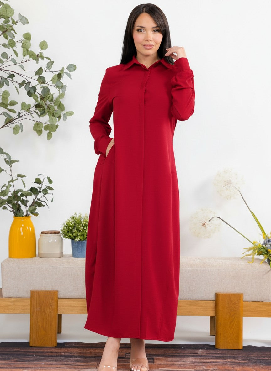 S25658-X Plus Size Maxi Dress with Buttons, Pockets and Shirt