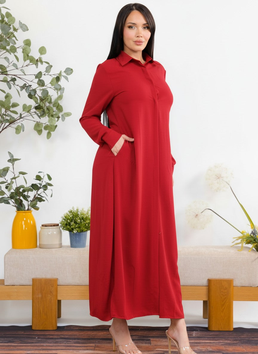 S25658-X Plus Size Maxi Dress with Buttons, Pockets and Shirt