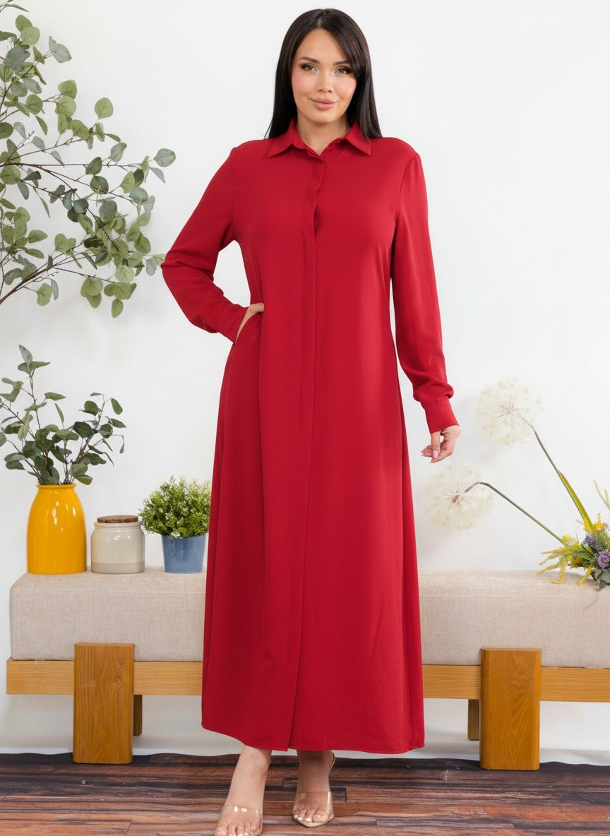 S25658-R Maxi Dress with Buttons, Pockets and Shirt