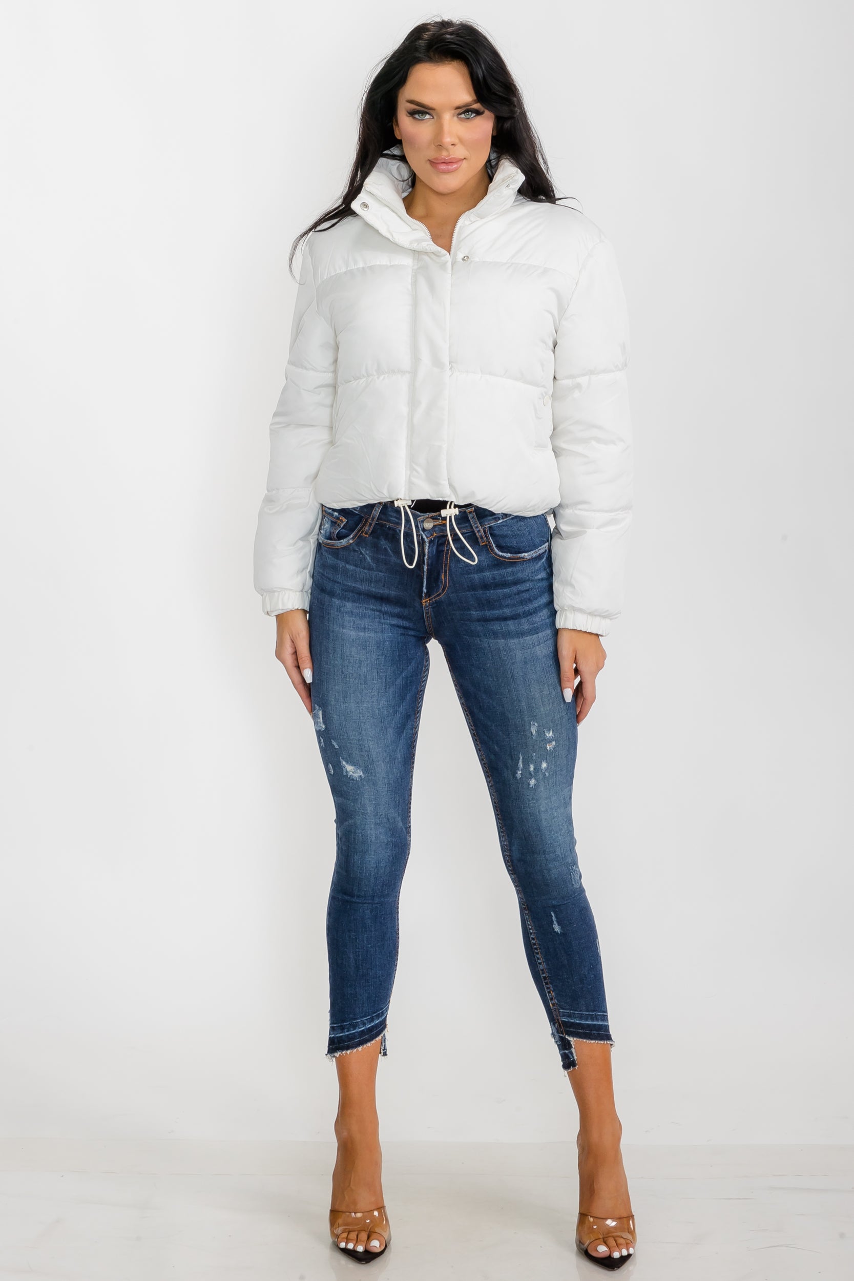 6857 - Crop Puffer Jacket - Zipper and Drawstring with Pockets