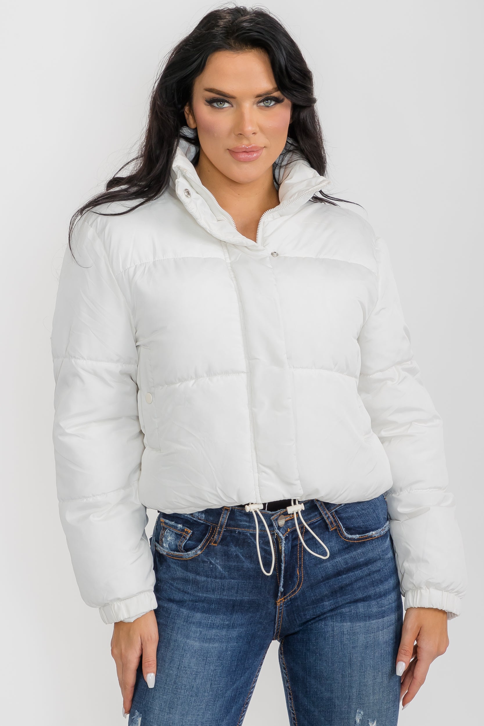 6857 - Crop Puffer Jacket - Zipper and Drawstring with Pockets