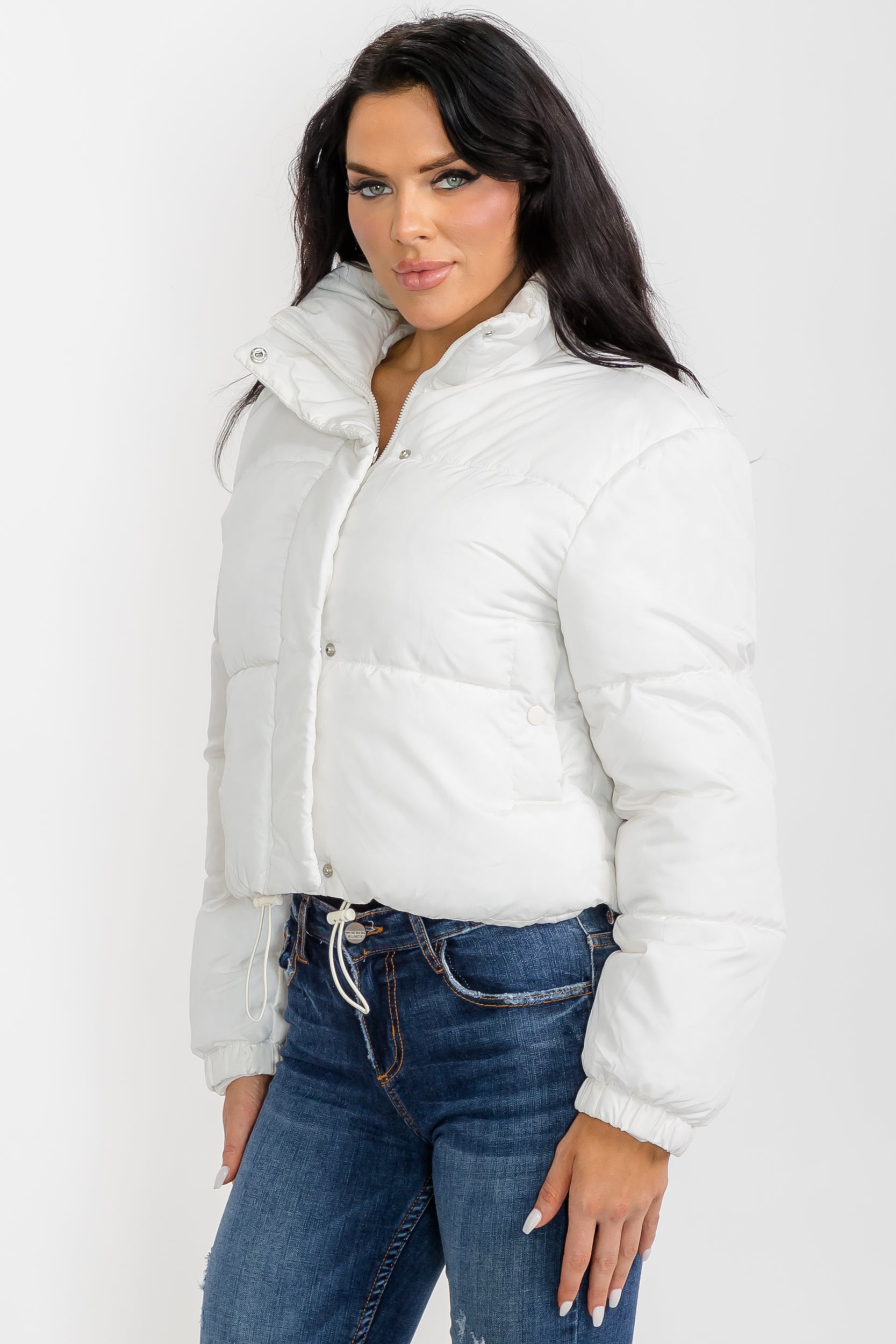 6857 - Crop Puffer Jacket - Zipper and Drawstring with Pockets