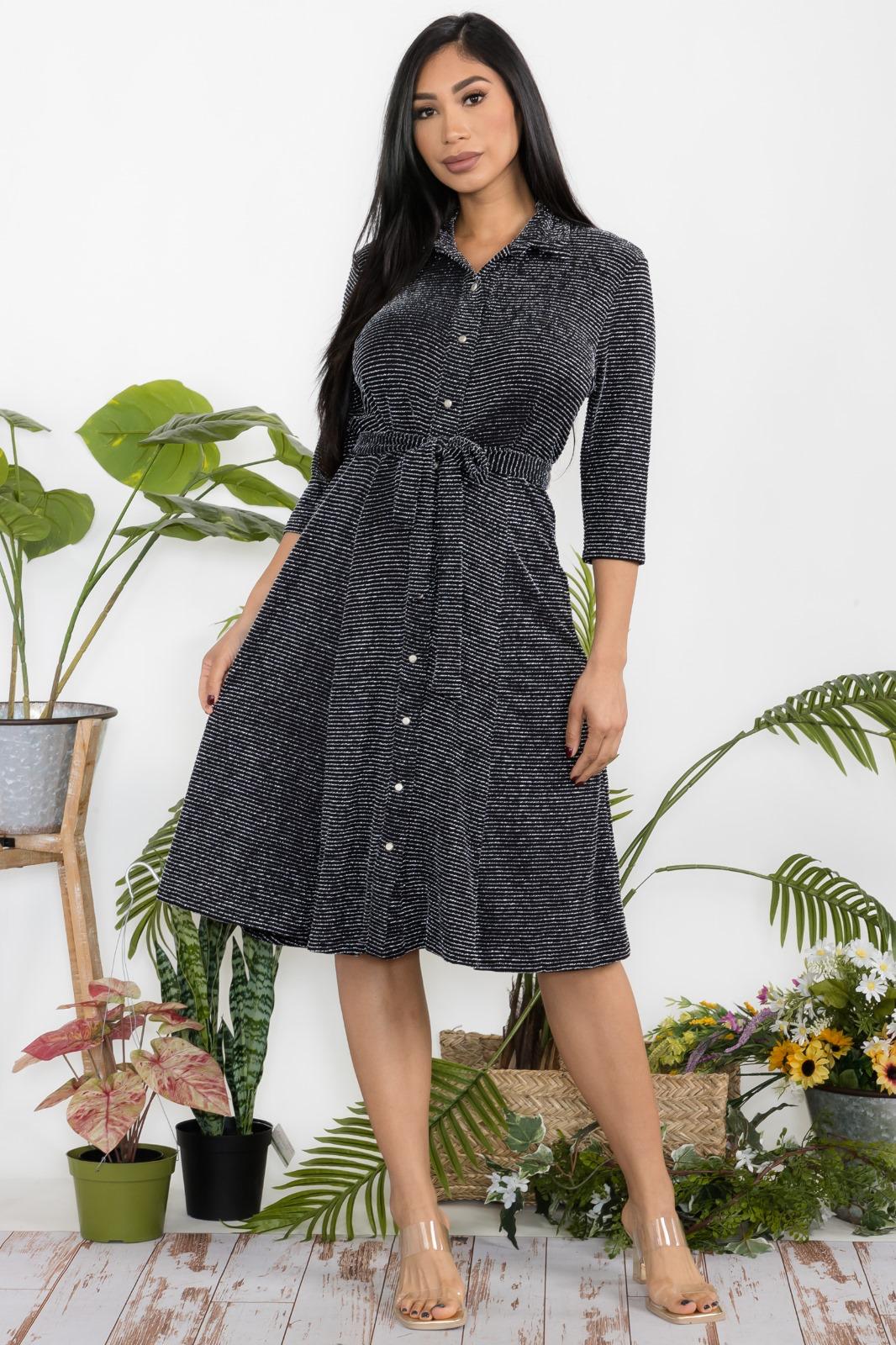 HH767X-P Plus Size Striped Mid-Sleeve Button-Down Shirt Dress