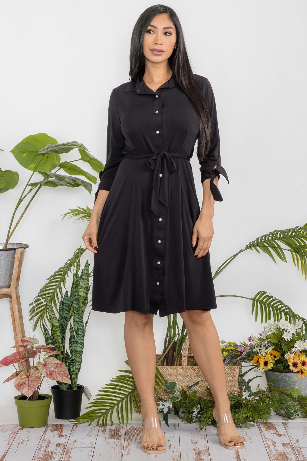 HH584R-S Shirt Midi Dress Button-Down with Tie Sleeves