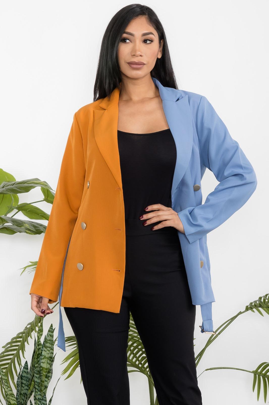 AM647J Two Toned Blazer Button Down Jacket with Waist Belt