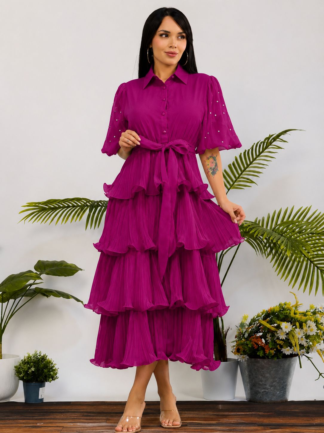 ZB128S-R - Tiered Pleated Midi Dress