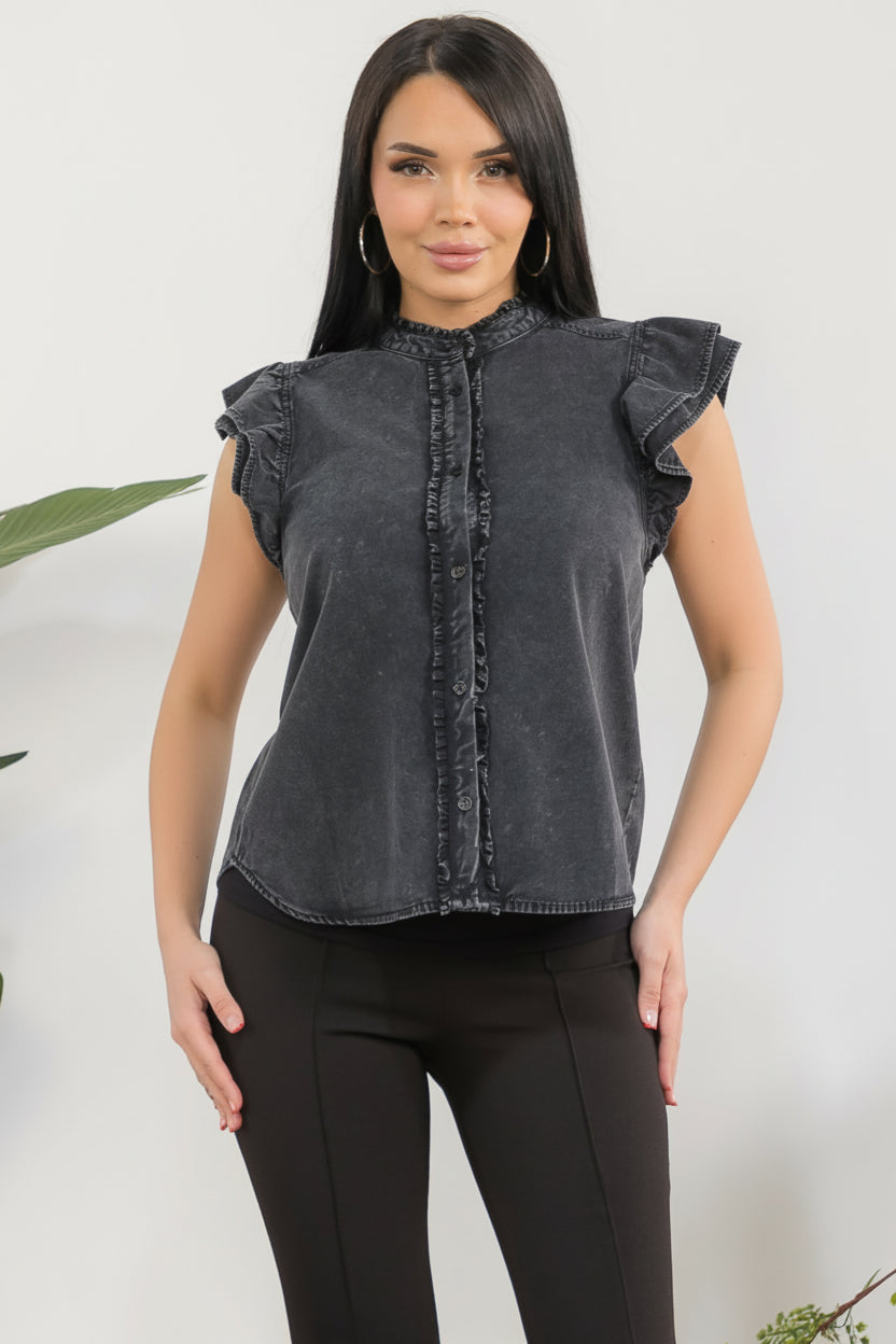 TK14234 Washed Ruffle Button Front Blouse