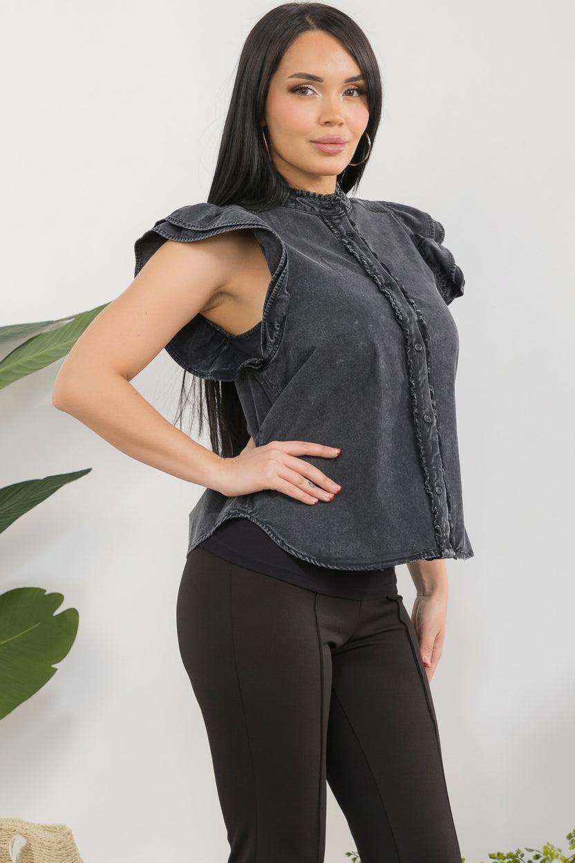 TK14234 Washed Ruffle Button Front Blouse