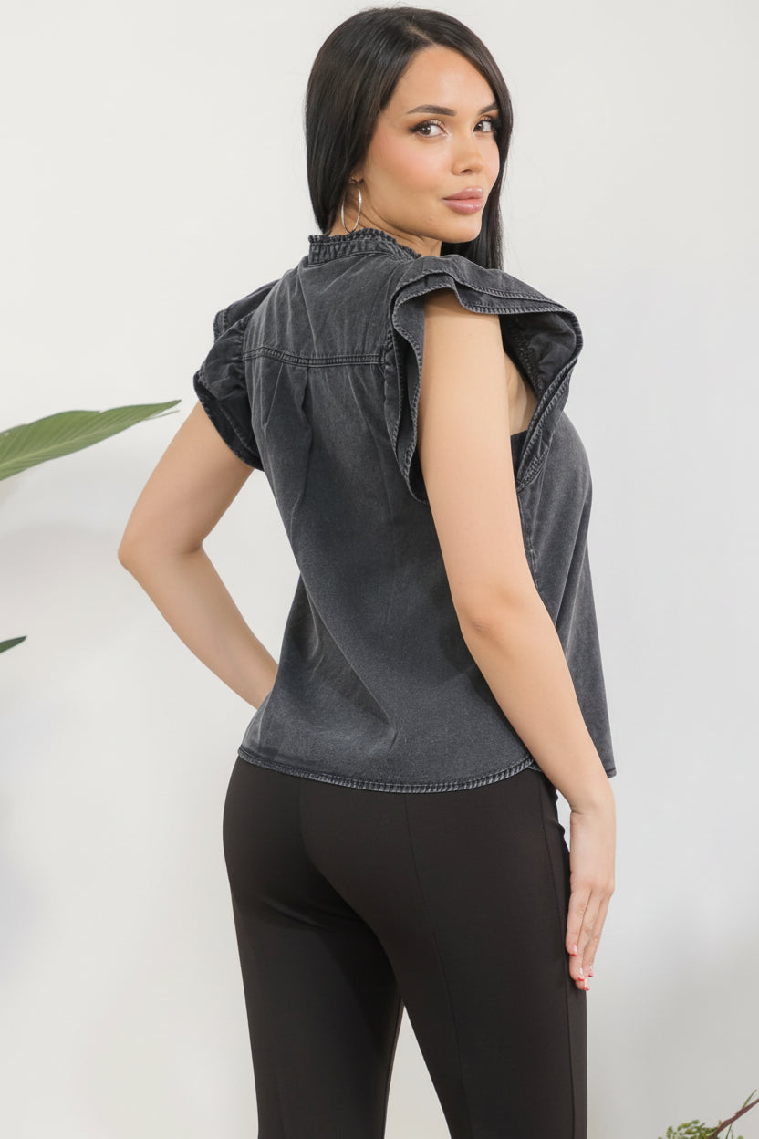 TK14234 Washed Ruffle Button Front Blouse