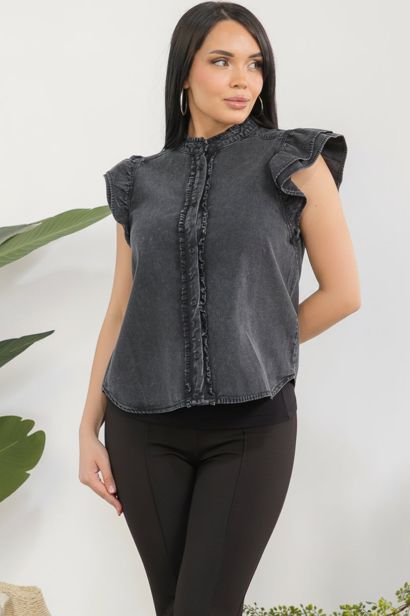 TK14234 Washed Ruffle Button Front Blouse