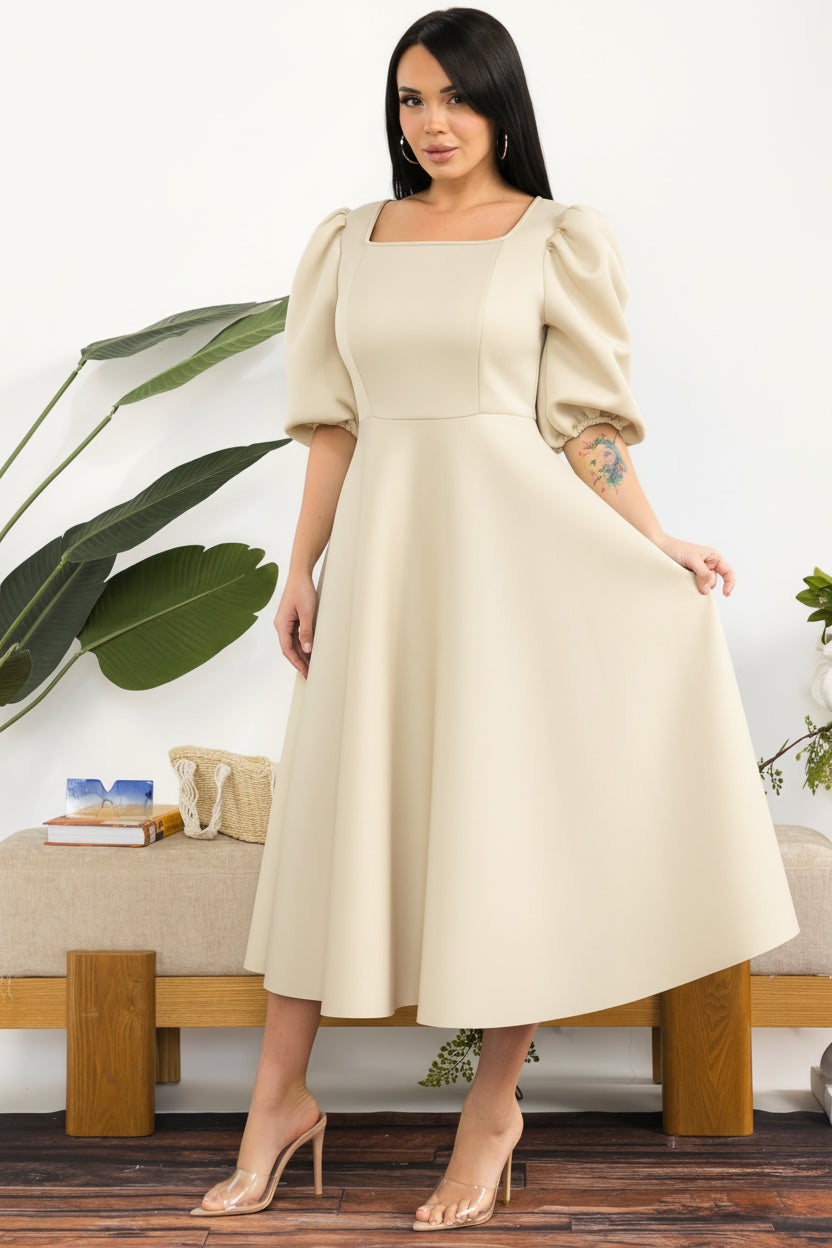 HH727X-S Plus Size Puff Sleeve Midi Dress