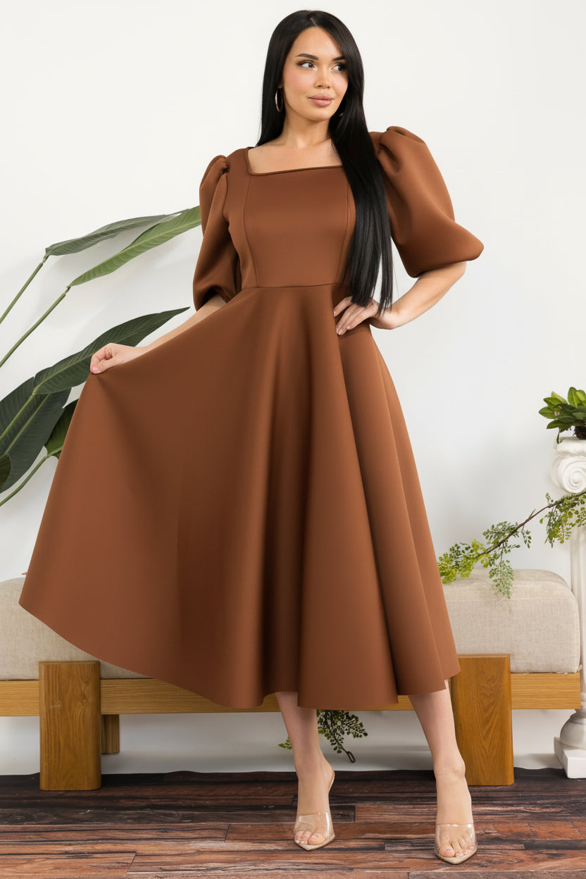 HH727X-S Plus Size Puff Sleeve Midi Dress