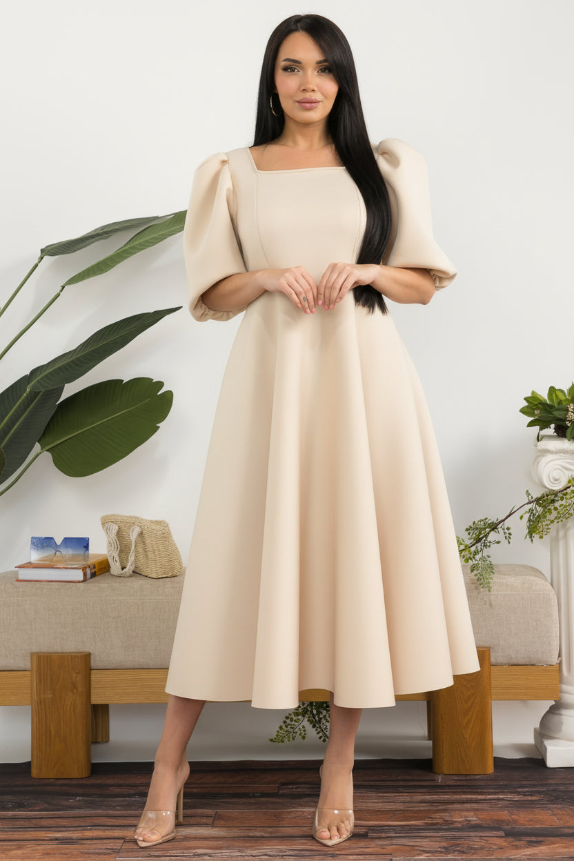 HH727X-S Plus Size Puff Sleeve Midi Dress